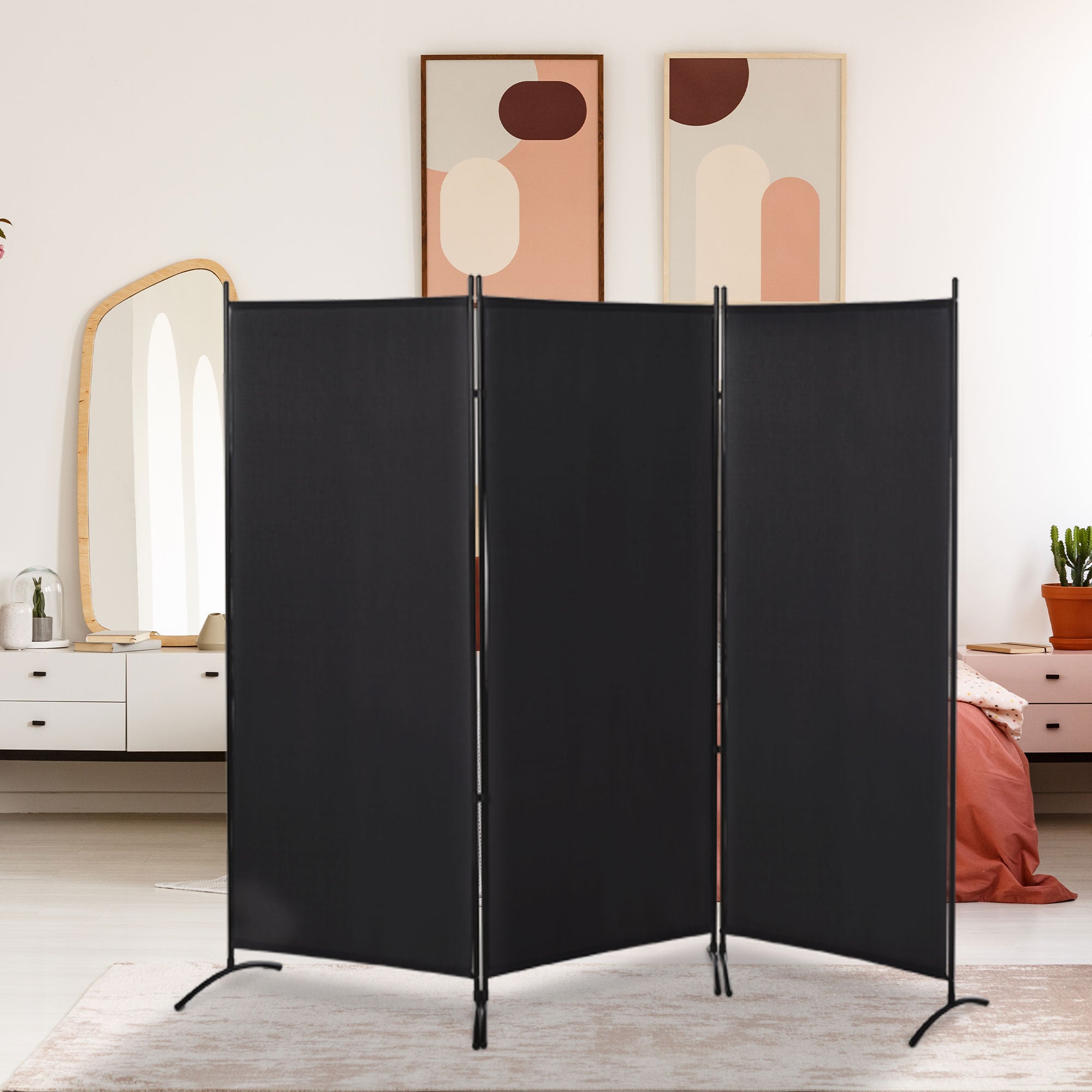 HOMCOM 3 Panel Room Divider, 6 Ft Double Hinged Folding Privacy Screen, Portable Freestanding Partition Wall Divider for Home Office, Black