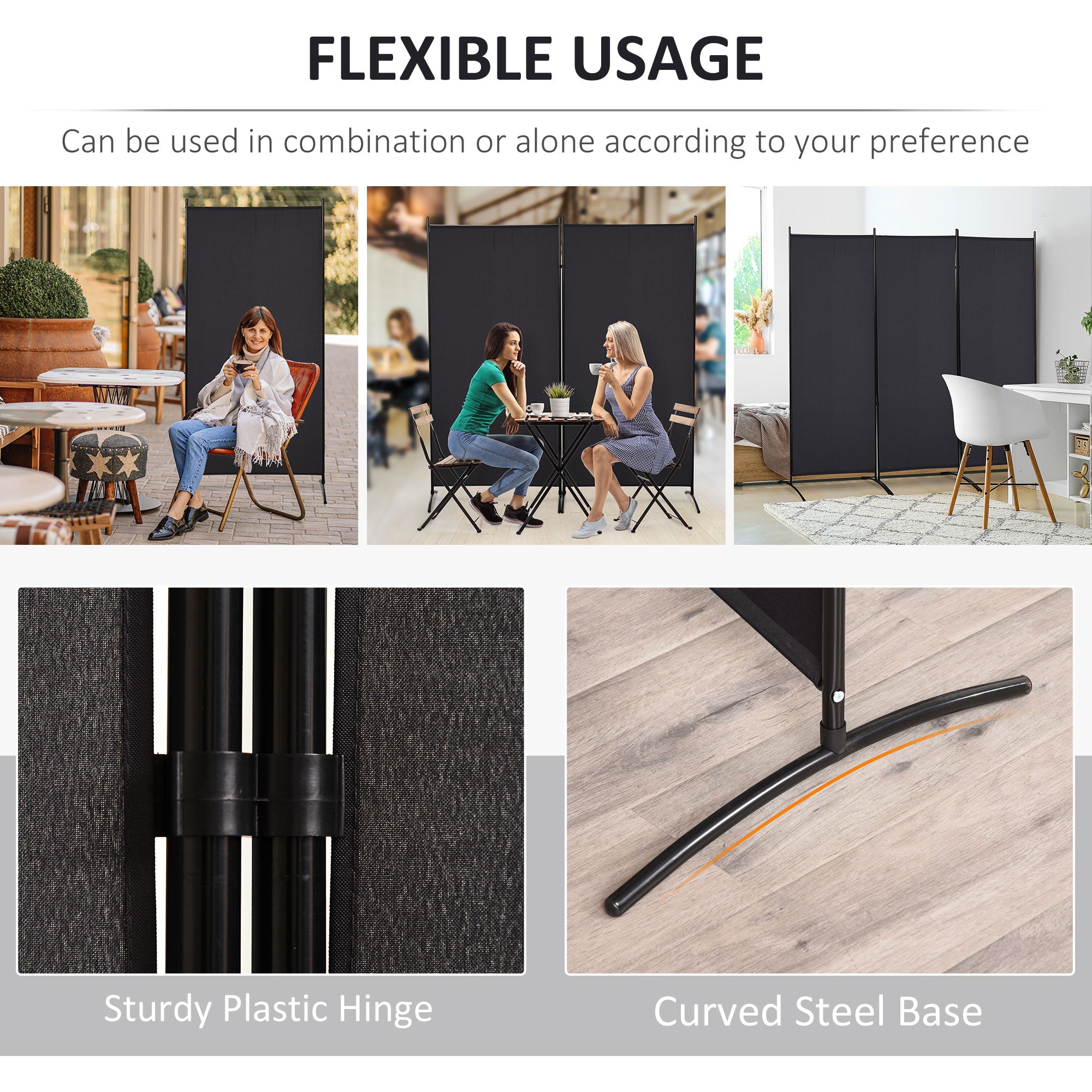 HOMCOM 3 Panel Room Divider, 6 Ft Double Hinged Folding Privacy Screen, Portable Freestanding Partition Wall Divider for Home Office, Black