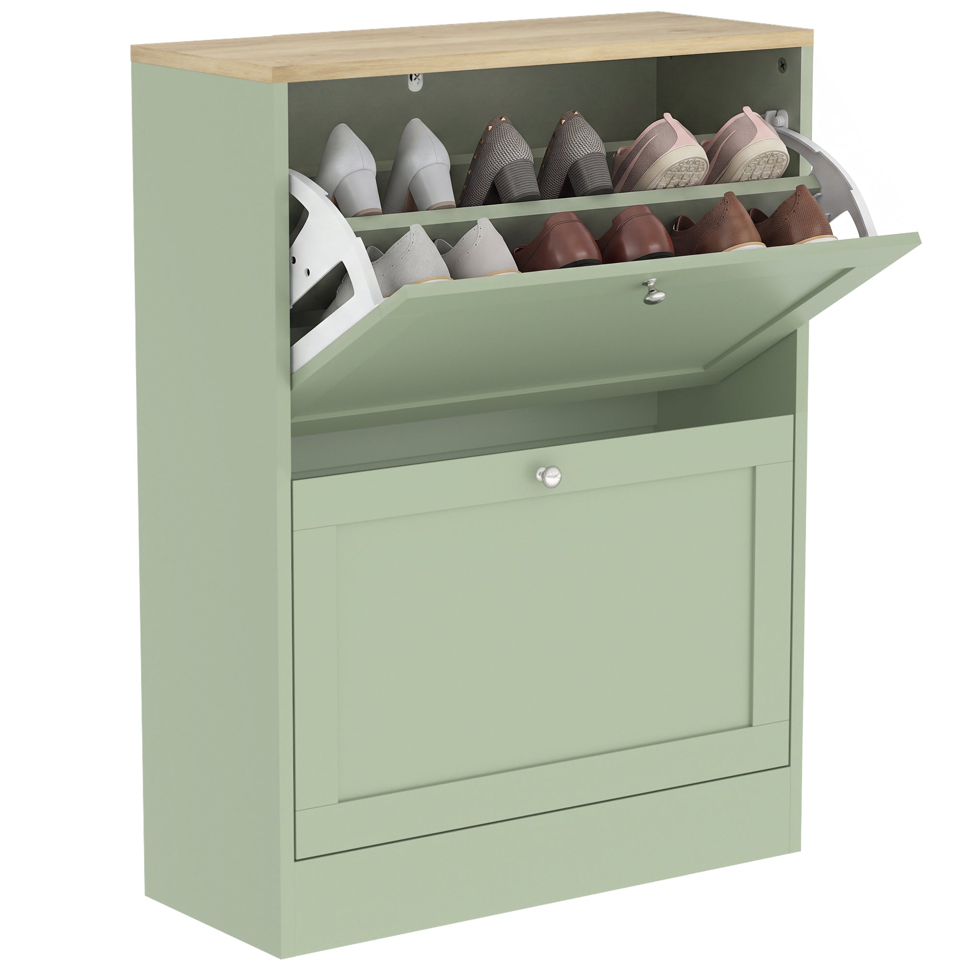 Shoe Storage Cabinet with 2 Flip Drawers, Wooden Freestanding Shoe Organizer with Adjustable Shelves for Entryway, Hallway, Green