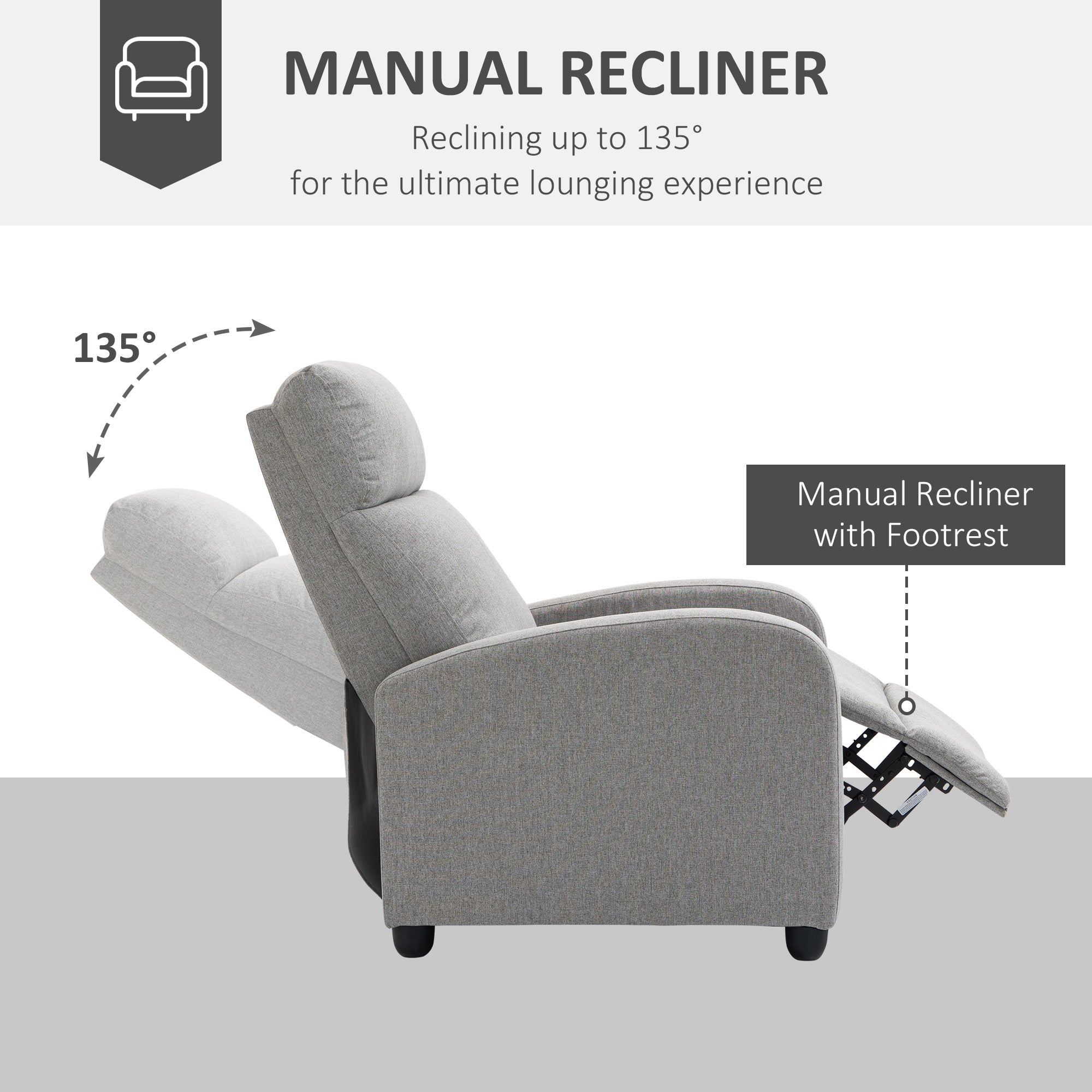 HOMCOM Push Back Recliner Chair, Fabric Home Theater Seating, Single Reclining Sofa Chair with Padded Seat for Living Room, Light Grey