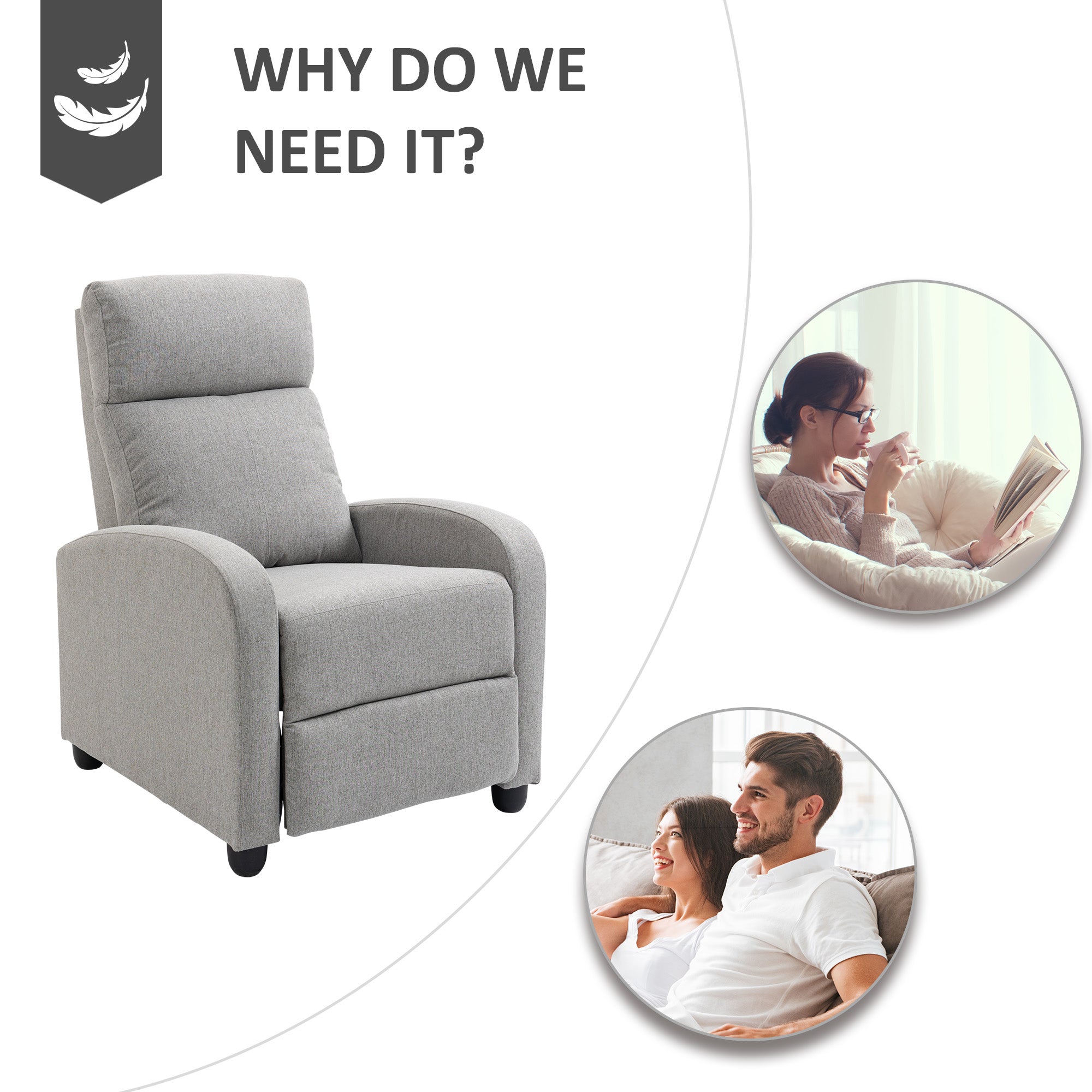HOMCOM Push Back Recliner Chair, Fabric Home Theater Seating, Single Reclining Sofa Chair with Padded Seat for Living Room, Light Grey