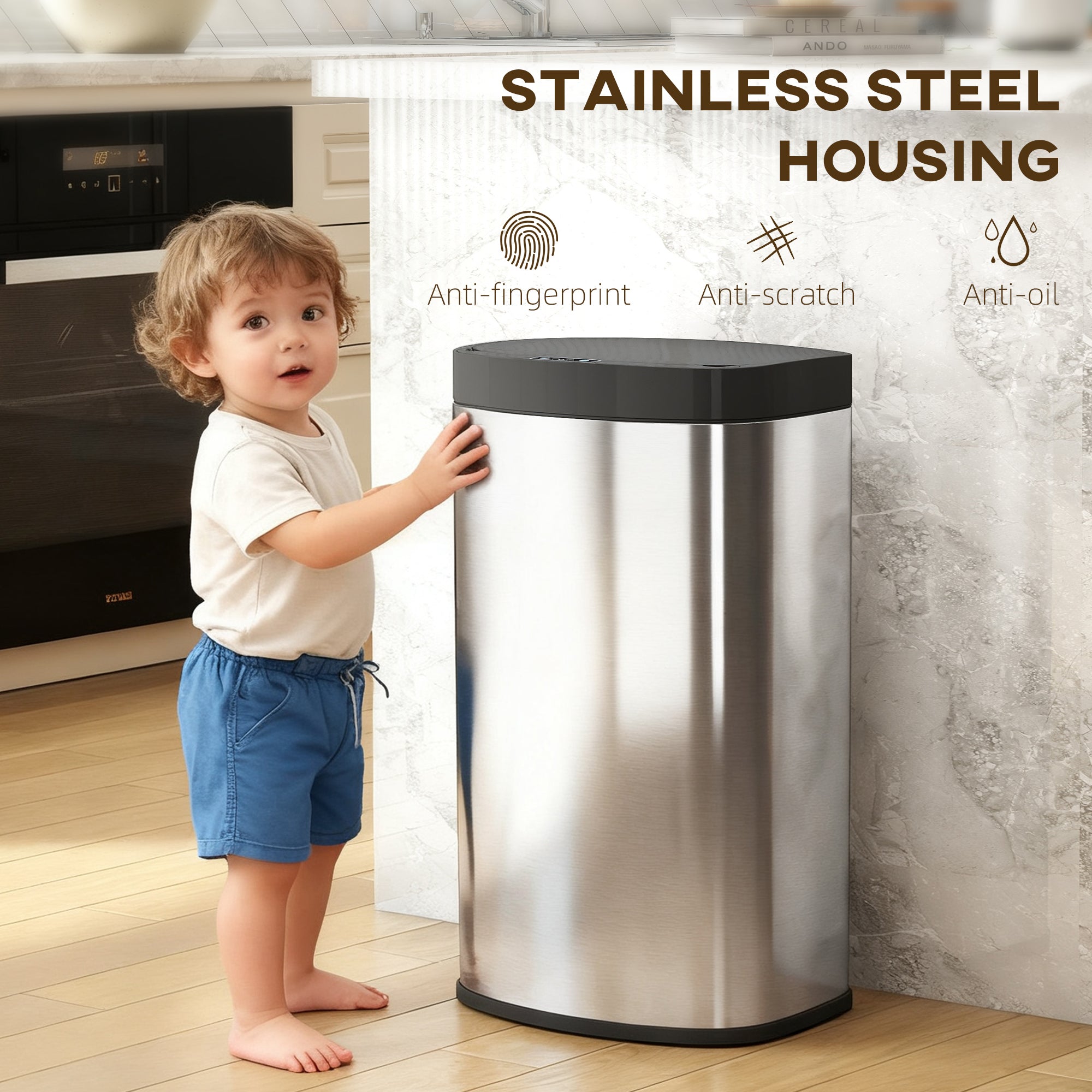 55L Sensor Bin with Soft-Close Lid, Automatic Touchless Motion Sensor Kitchen Bin with Fingerprint Resistant Stainless Steel for Hygienic Gyms, Home Office Use, Silver Tone
