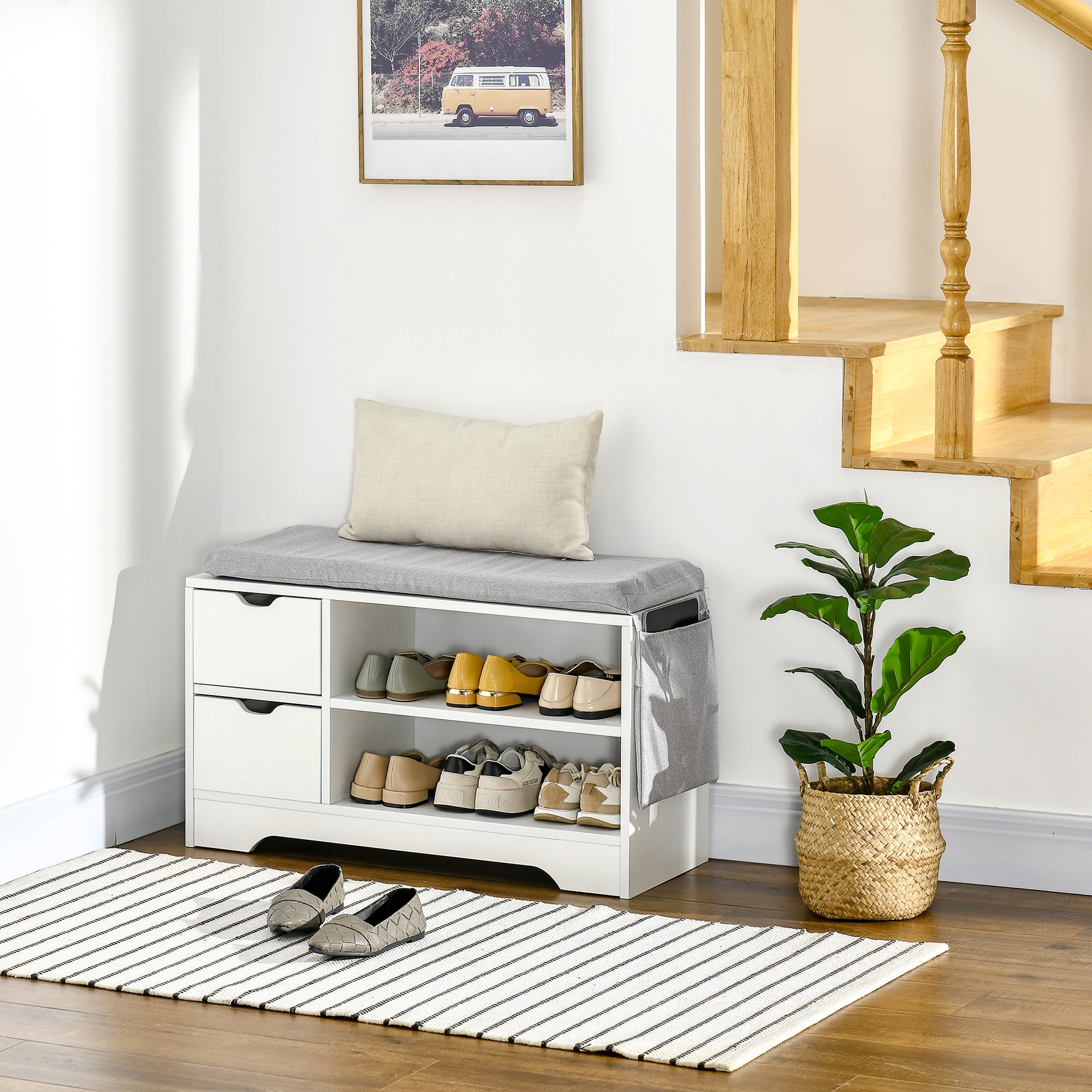 HOMCOM Shoe Bench with Storage, Modern Upholstered Entryway Bench with Open Shelves, Drawers and Pocket for Living Room, Hallway, White