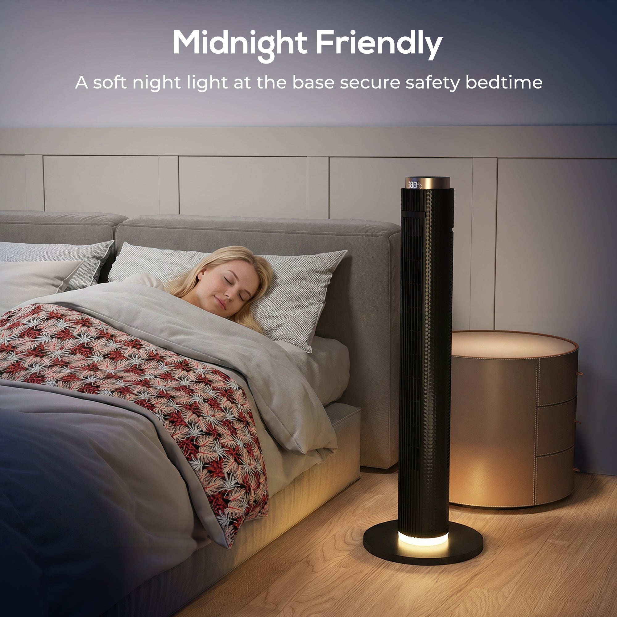 Tower Fan, Standing Floor Fan with Remote Control, WiFi App Control, 65° Oscillating, 3 Speed 4 Modes, 12 Hour Timer and Night Light for Bedroom Office, Black