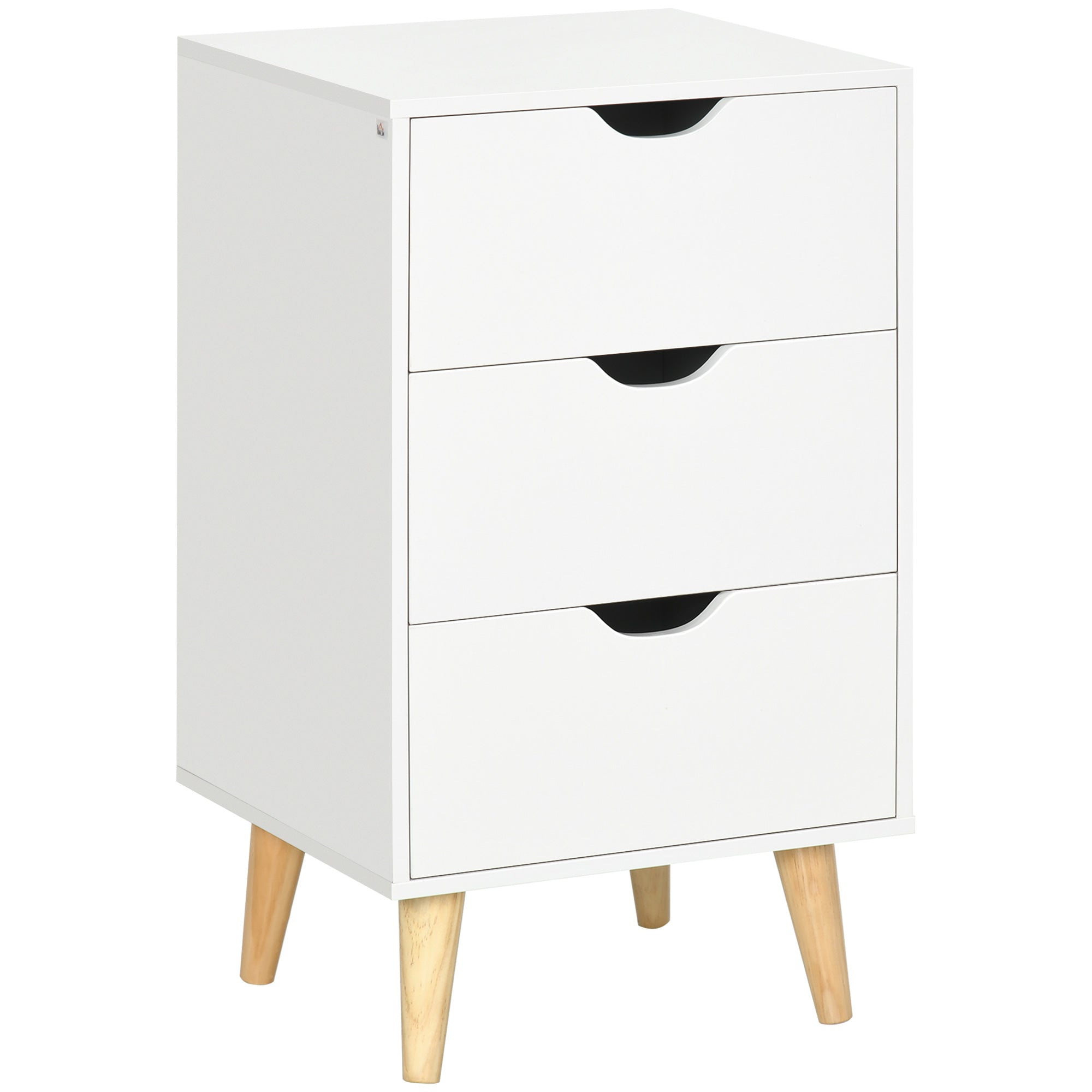 HOMCOM Nightstand, Bedside Table with 3 Drawers, Small Side Table with Wood Legs and Cut-out Handles for Bedroom, White