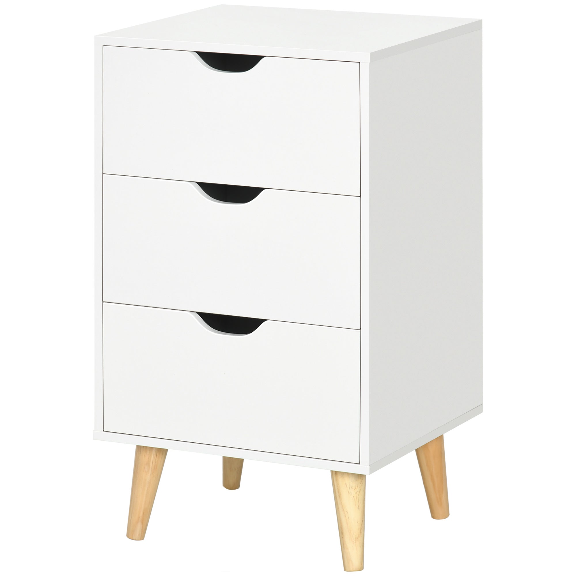 HOMCOM Bedside Table, Bedside Cabinet with 3 Drawers, Small Side Table with Wood Legs and Cut-out Handles for Bedroom, White