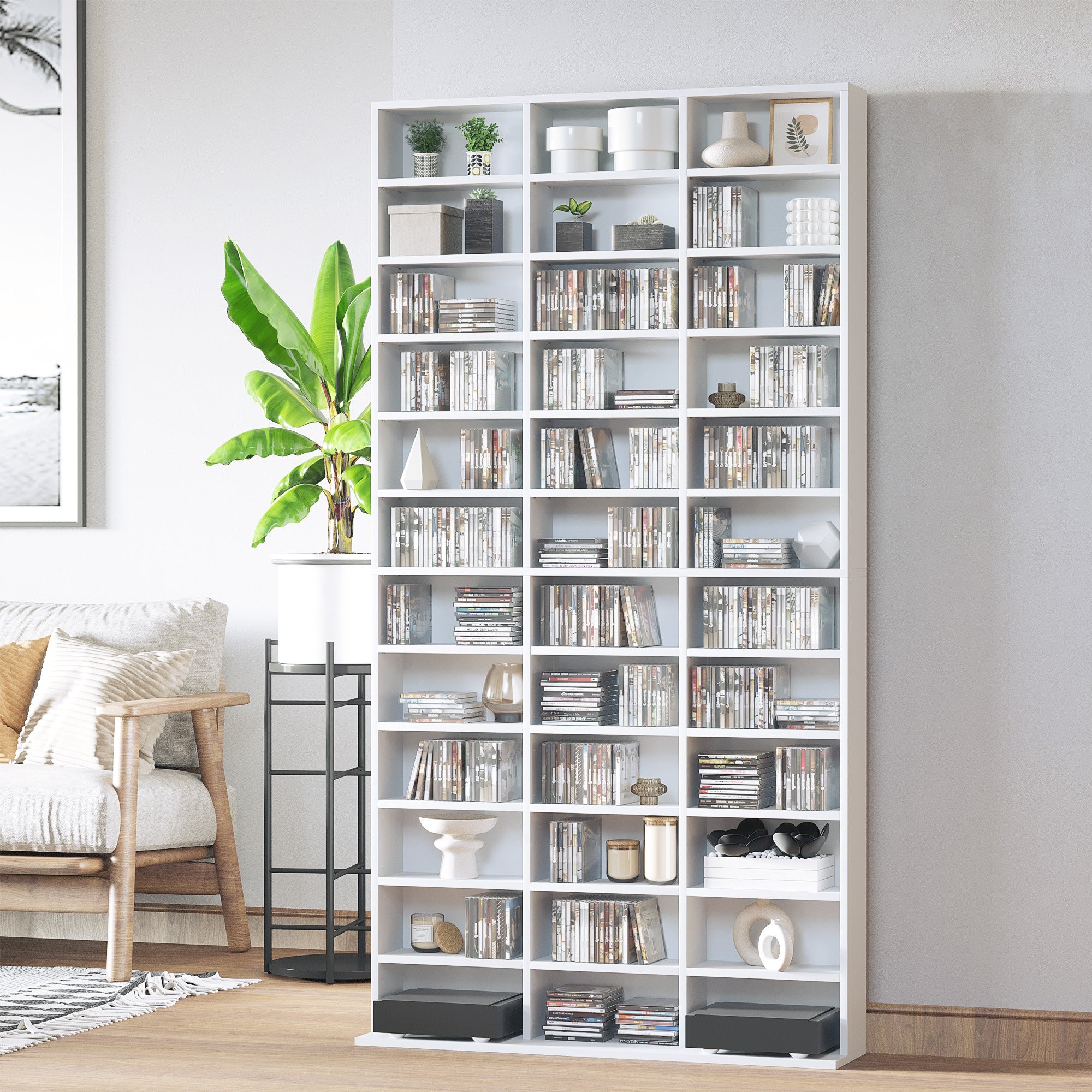 1116 CD/ 528 DVD Storage Unit, Media Storage Shelf, Wooden Display Unit with Adjustable Shelves, 102 x 195 cm, White