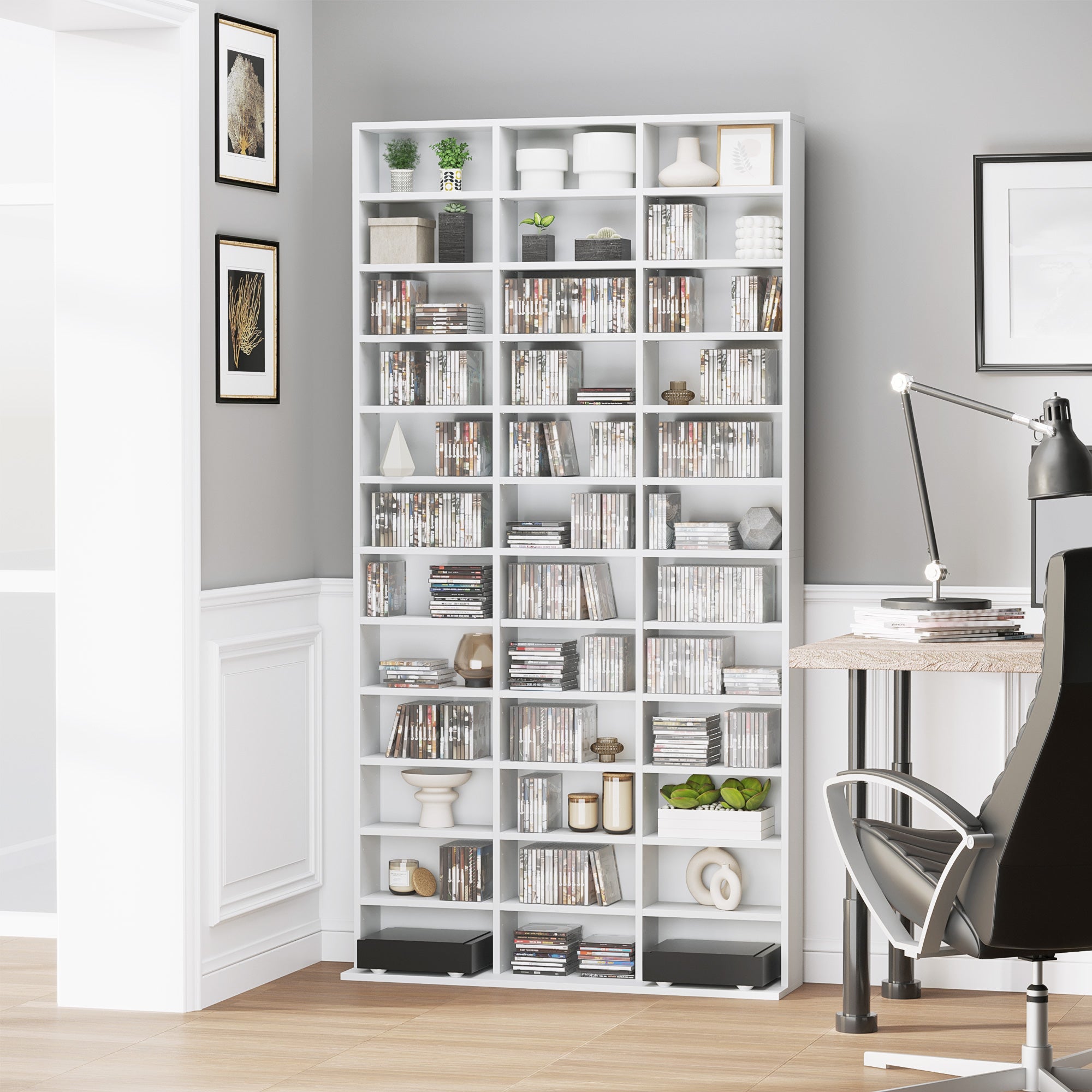 1116 CD/ 528 DVD Storage Unit, Media Storage Shelf, Wooden Display Unit with Adjustable Shelves, 102 x 195 cm, White