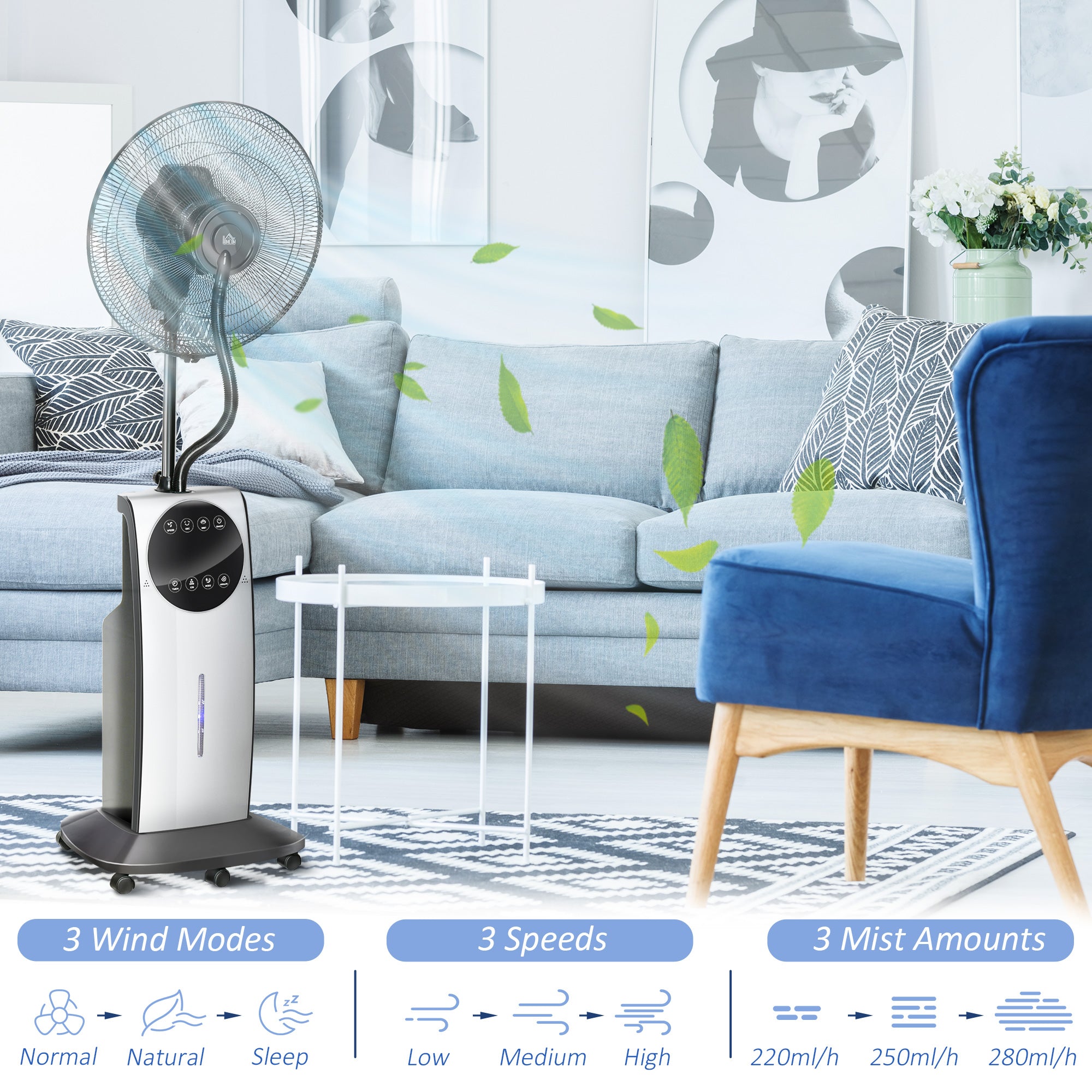 Pedestal Fan with Water Mist Spray, Spray Misting Fan with 70° Oscillation, Tilt Head, 3 Speeds, 3 Modes, Adjustable Mist, 3.1L Water Tank, Timer for Home, 135 cm