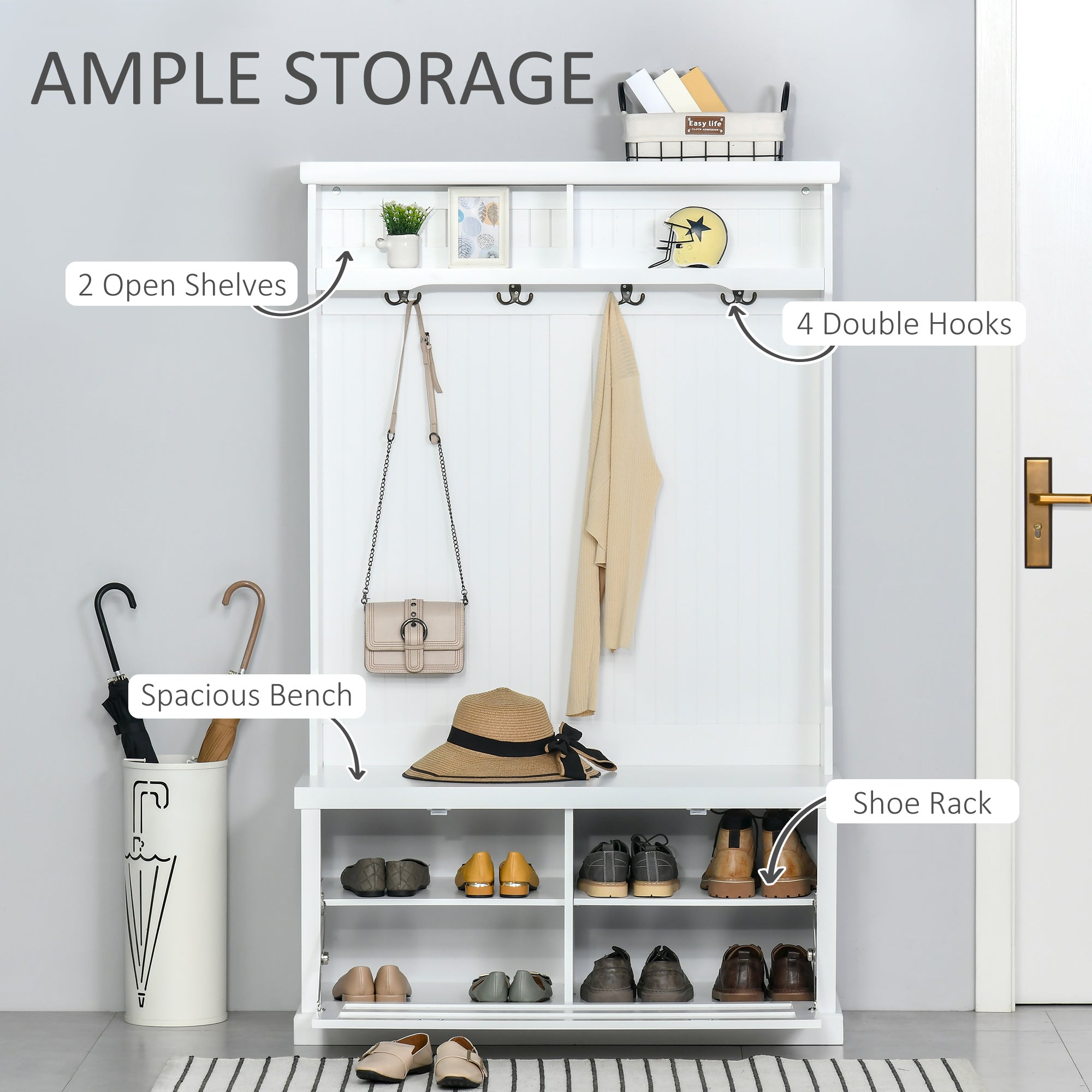 Entryway Bench with Coat Rack 4 Double Hooks and 2 Compartments Hall Tree with Shoe Storage White