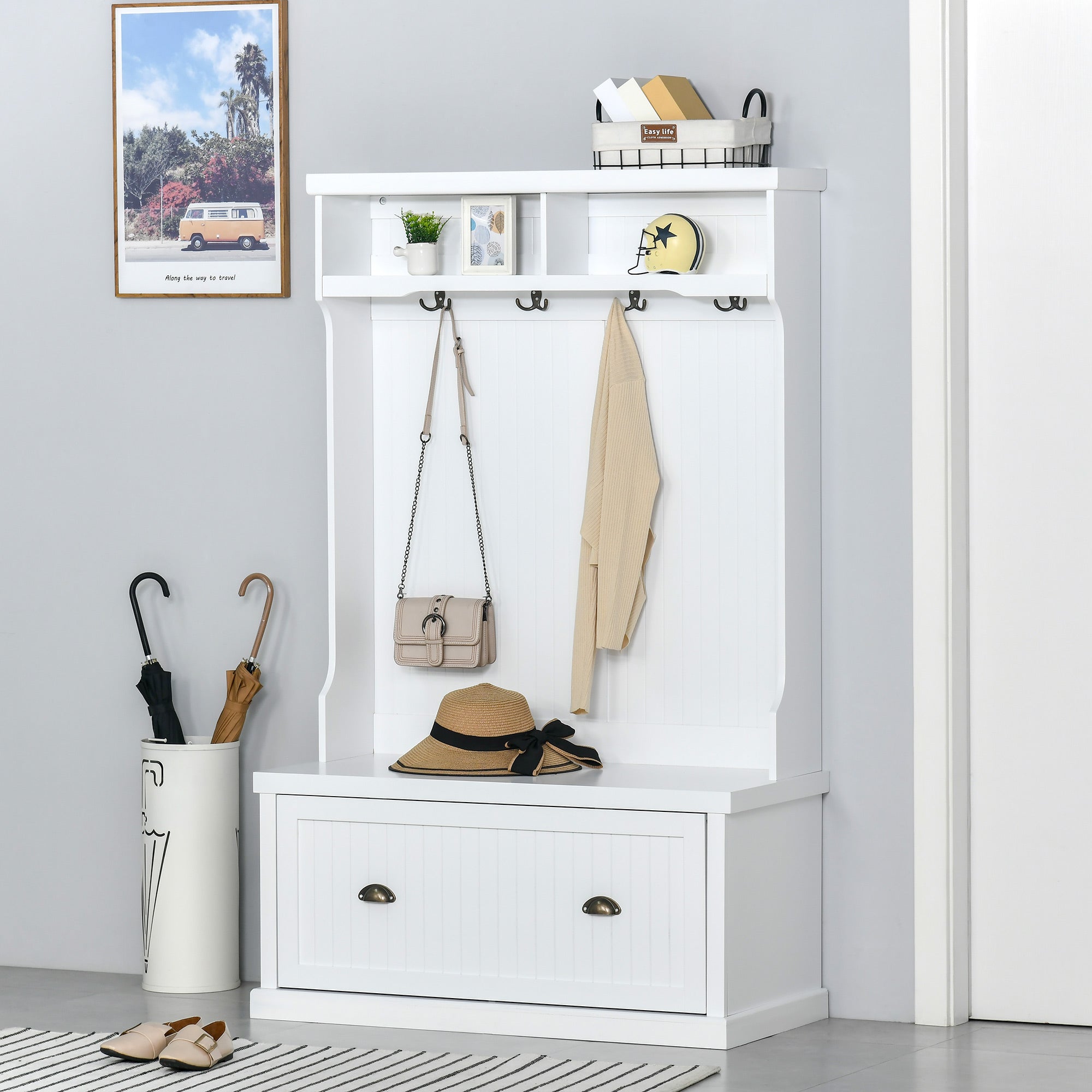 Entryway Bench with Coat Rack 4 Double Hooks and 2 Compartments Hall Tree with Shoe Storage White