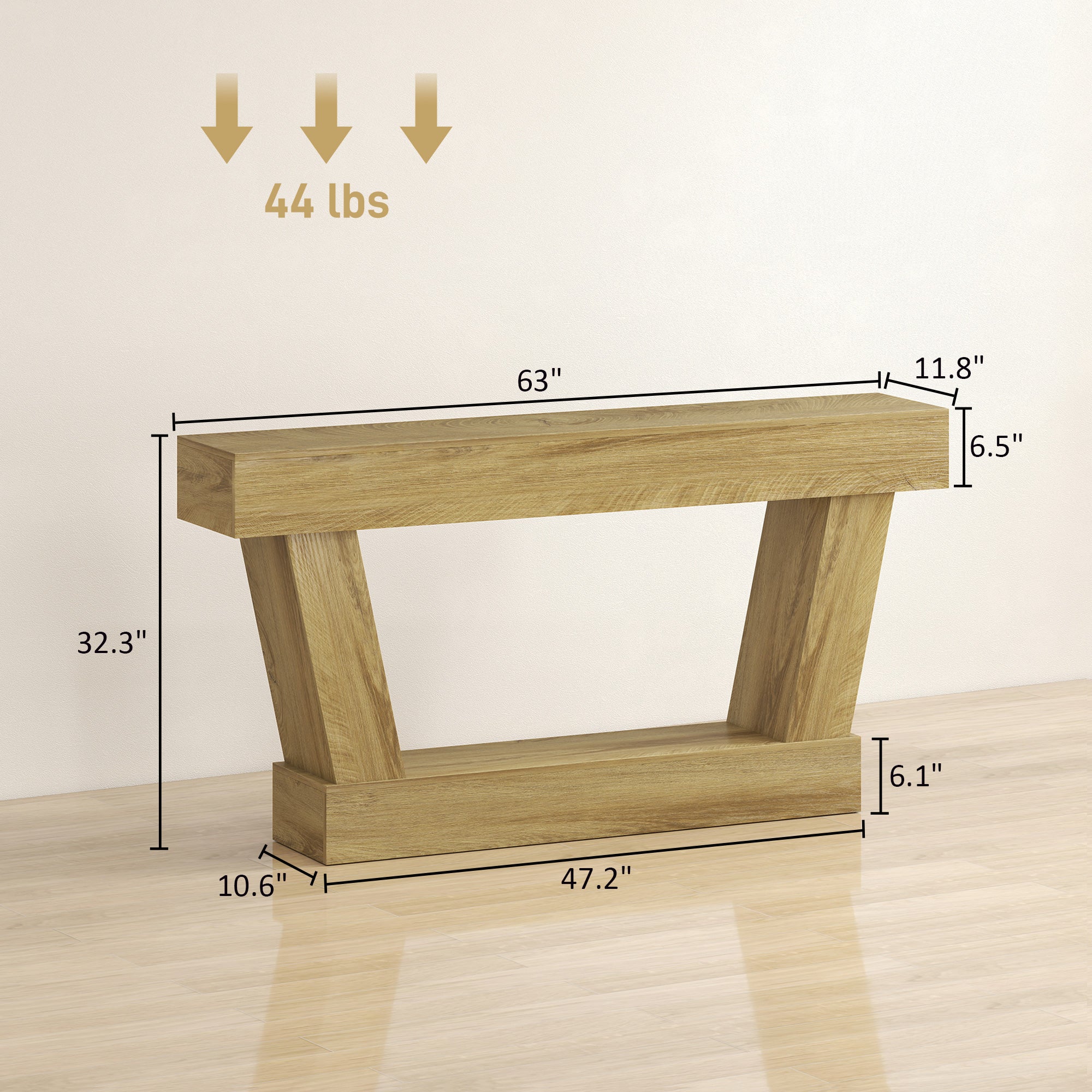 63 Inch Vintage Entryway Table, Narrow Console Tables For Entryway, Sofa Table Behind Couch with Open Shelf, for Living Room, Hallway, Oak