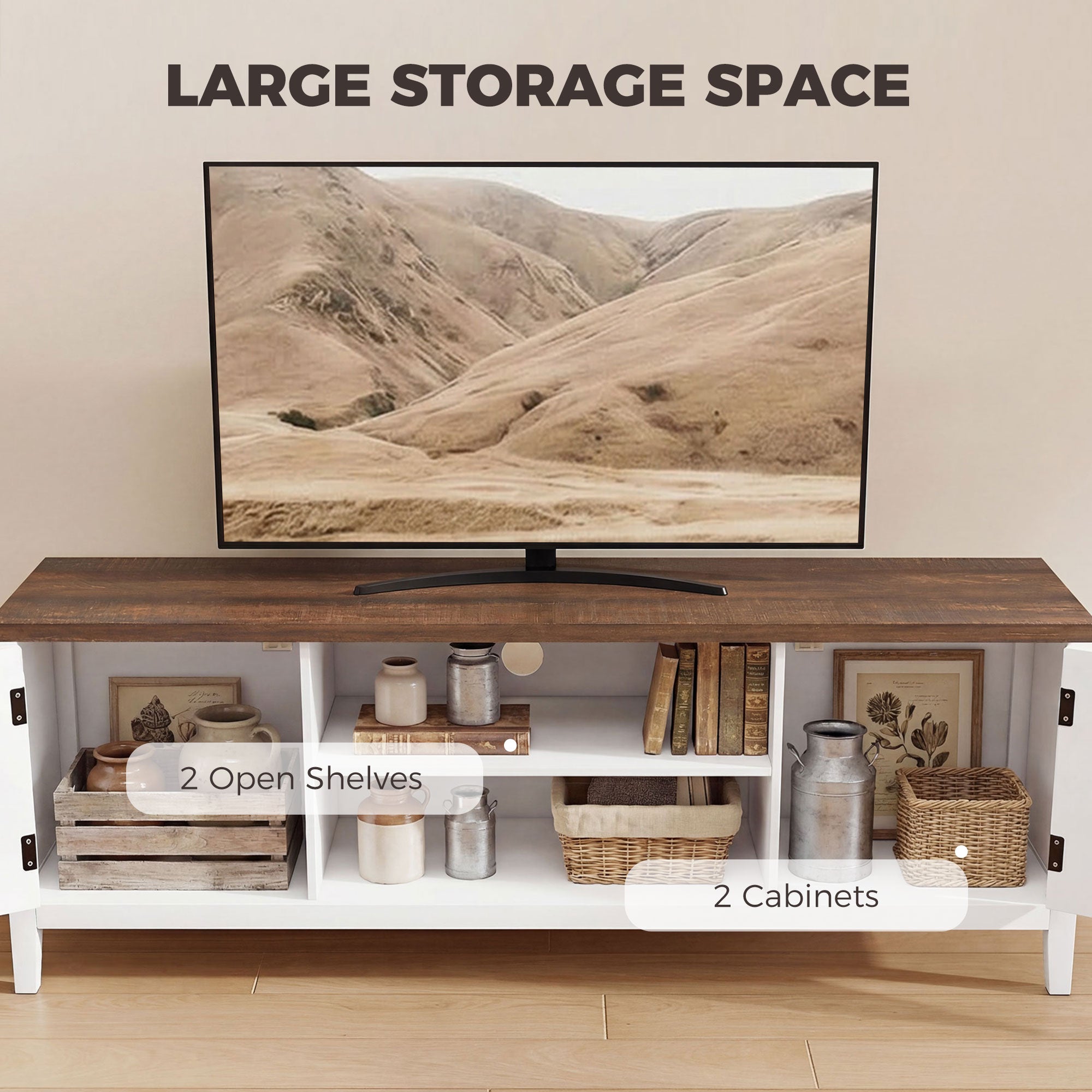 TV Stand for TVs up to 42 Inch, Farmhouse Entertainment Center with 2 Open Shelves, 2 Cabinets, Thick Top, Media Console Table for Living Room, White and Brown