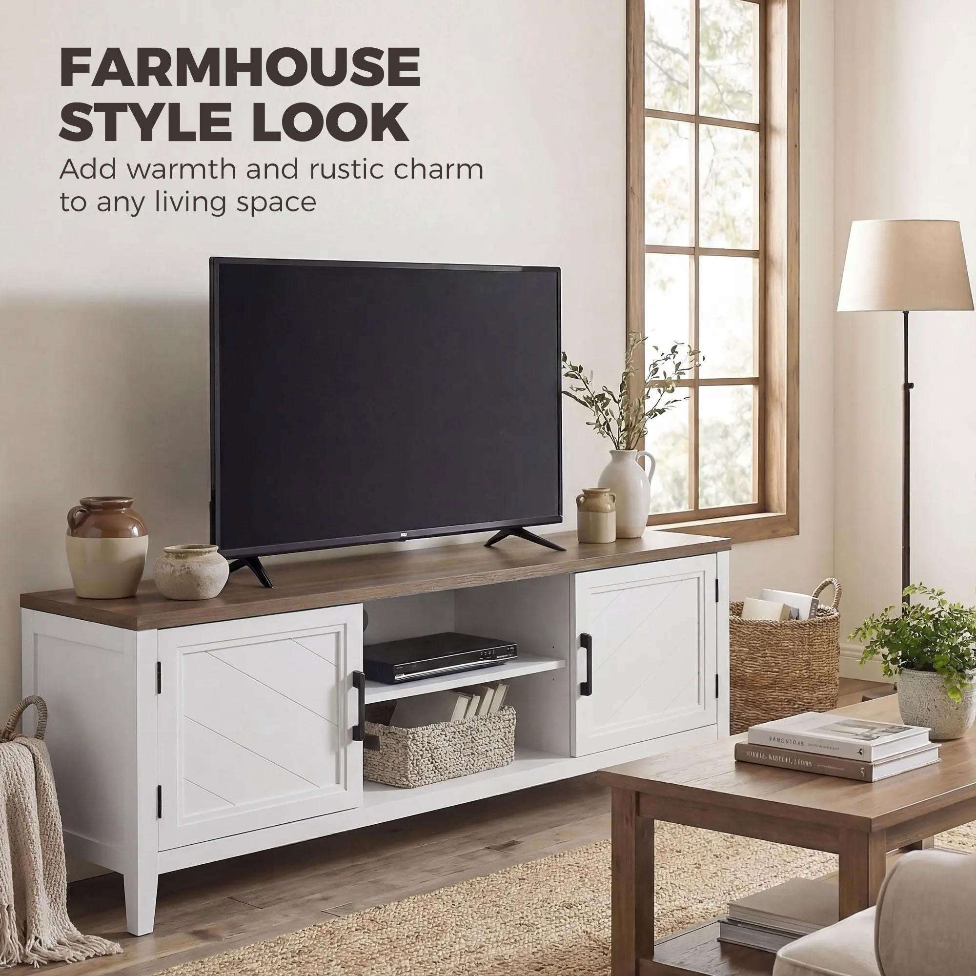 TV Stand for TVs up to 42 Inch, Farmhouse Entertainment Center with 2 Open Shelves, 2 Cabinets, Thick Top, Media Console Table for Living Room, White and Brown