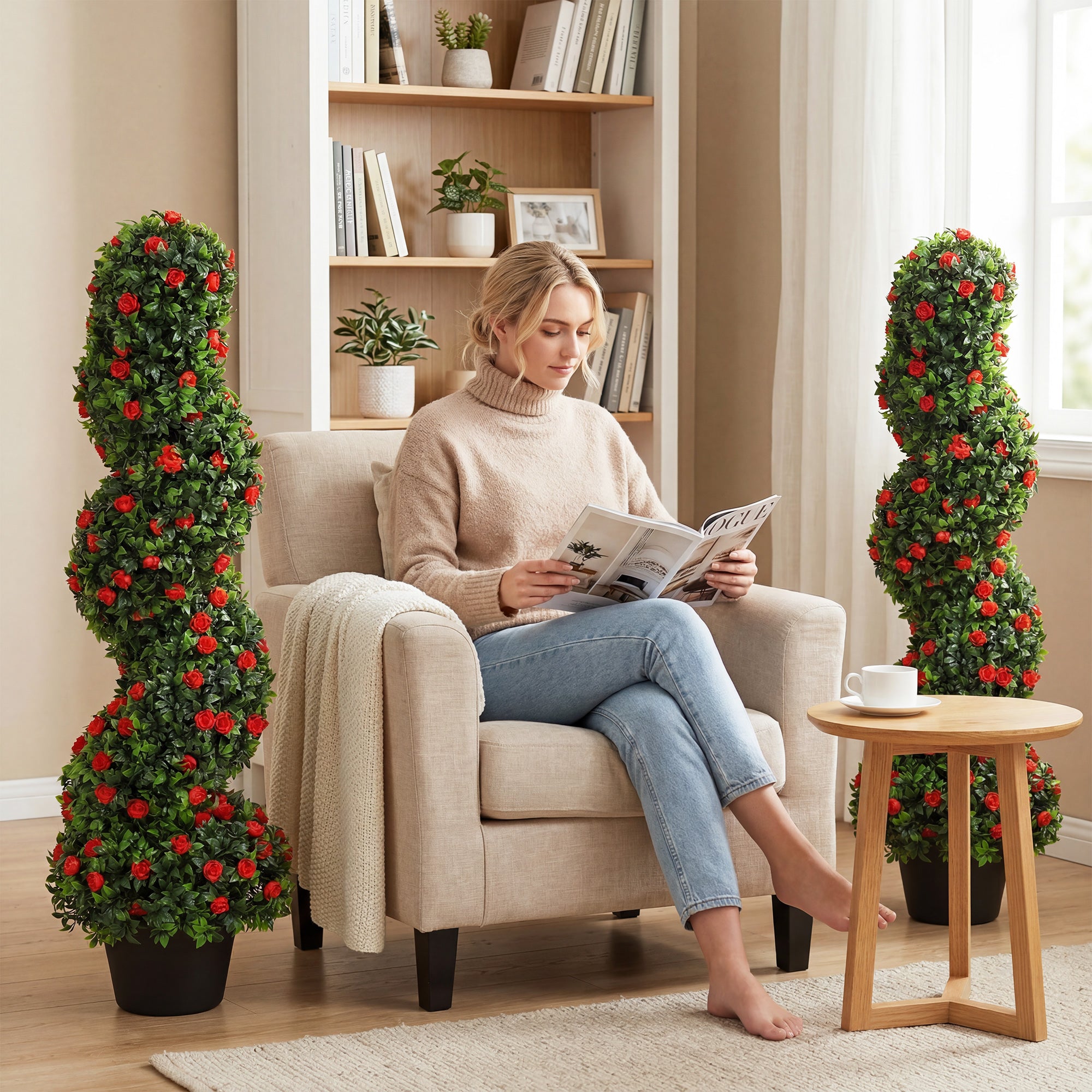 Set of 2 Artificial Rose Spiral Topiary Tree, Indoor Outdoor Artificial Plants with 630 Leaves and 133 Roses, Fake Plants for Home Office Living Room Decor, 90cm, Red