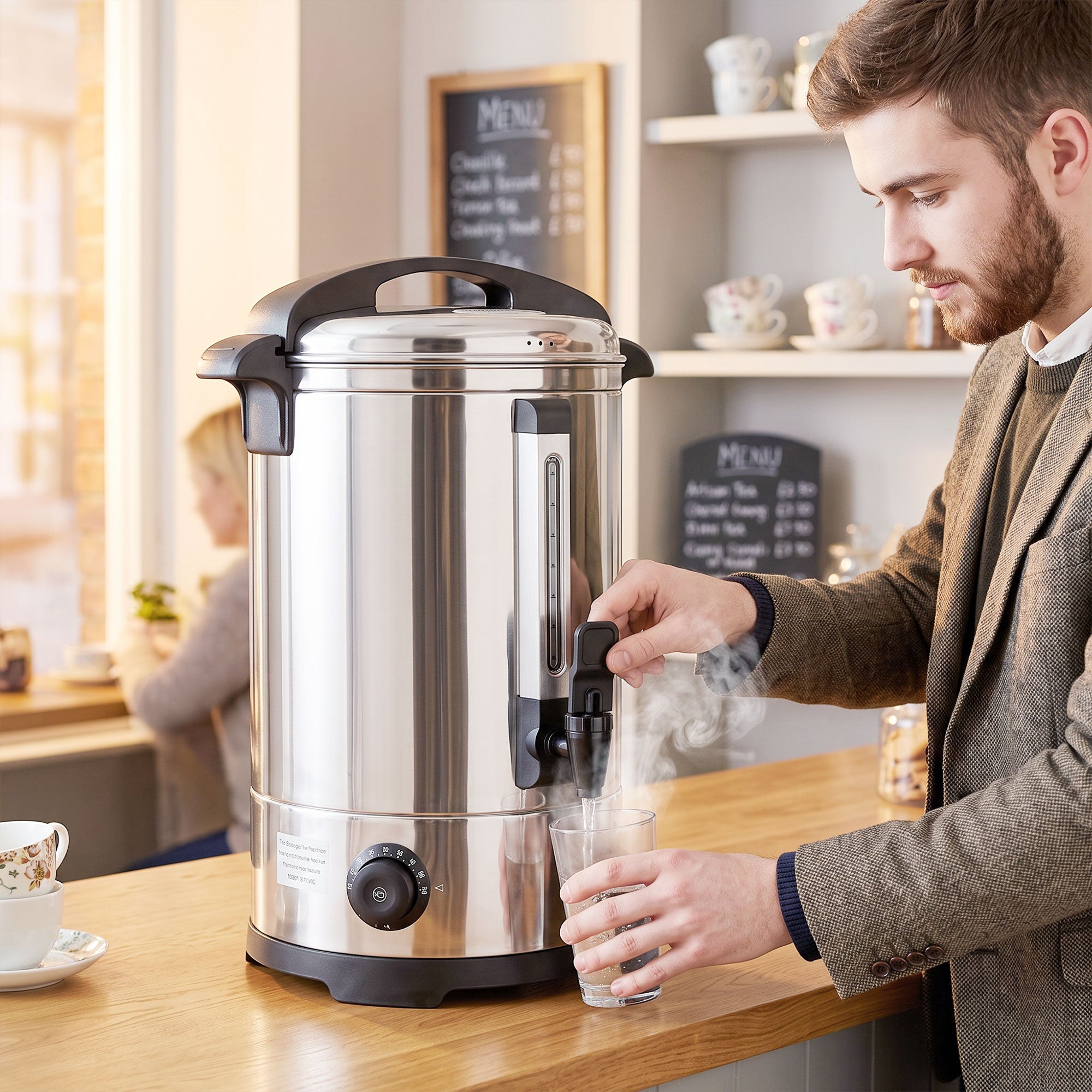 6.5L Catering Urn, 1500W Hot Water Boiler Dispenser with Thermostat, Stainless Steel Tea Urn Kettle with Keep Warm Function, Adjustable Temperature and Easy Pour Tap for Home Office Parties