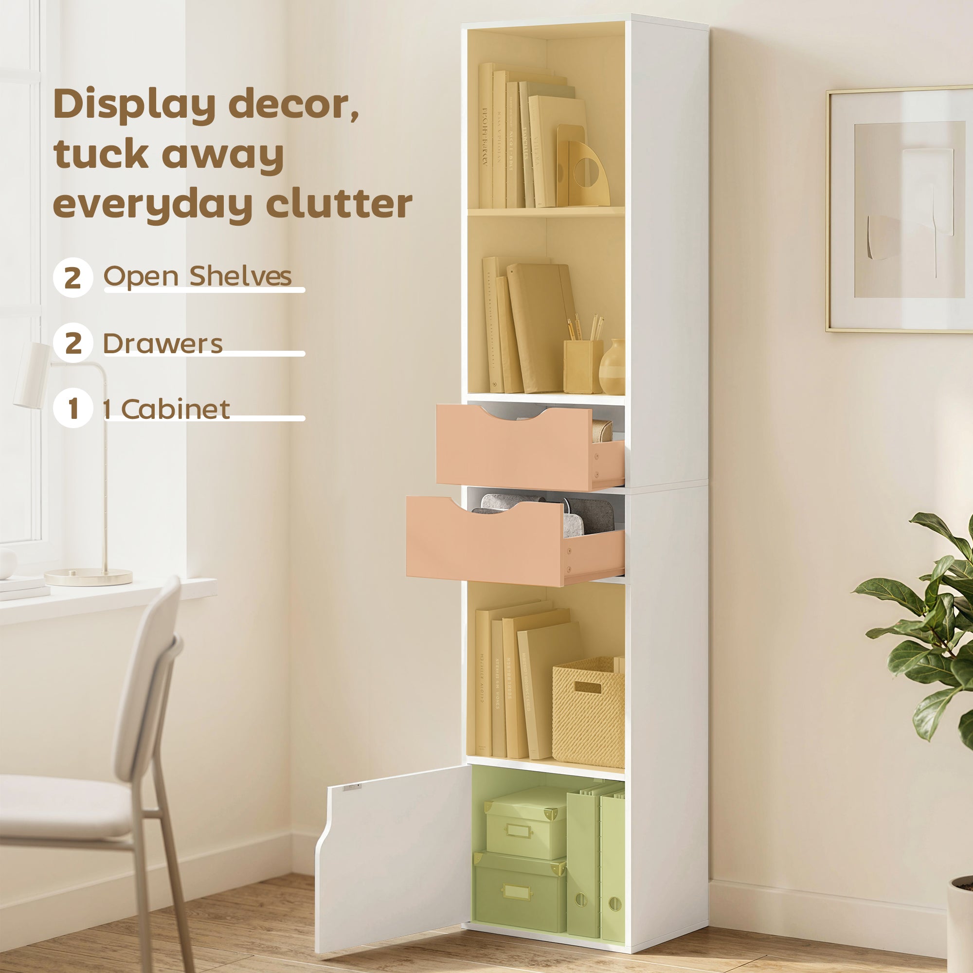 158 cm Bookcase with Drawers, 3-Tier Bookshelf, Slim Storage Cabinet with Doors, Adjustable Shelf for Living Room, Bedroom, Home Office, White