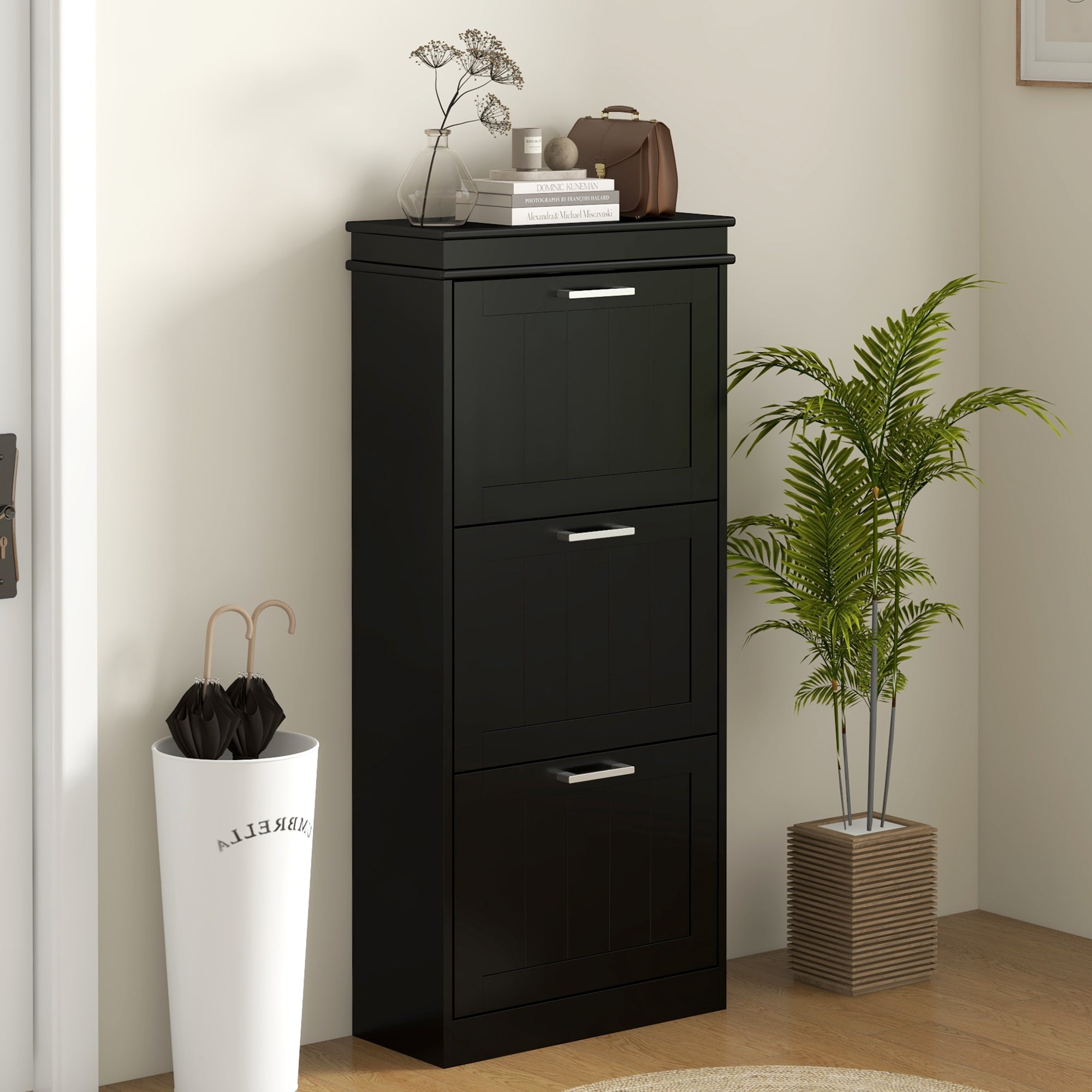 Slim Shoe Cabinet with 3 Drawers - Black