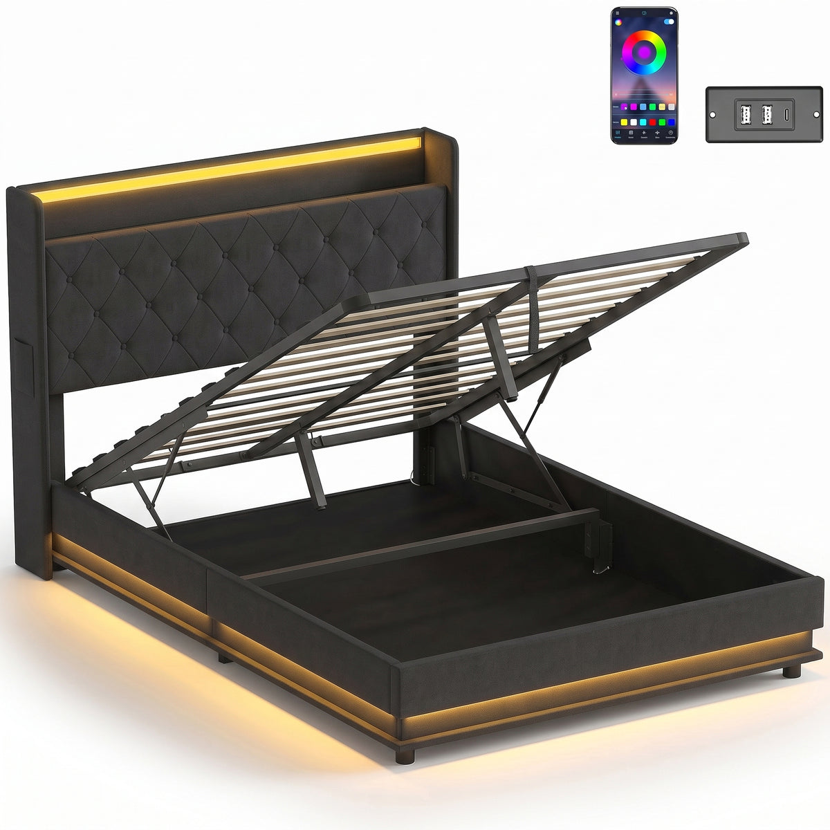 4ft6 Double Ottoman Bed Frame with Hydraulic Storage, APP Control LED Lights and Charging Station, Upholstered Lift Up Storage Bed Frame with Headboard, No Box Spring Needed, Black