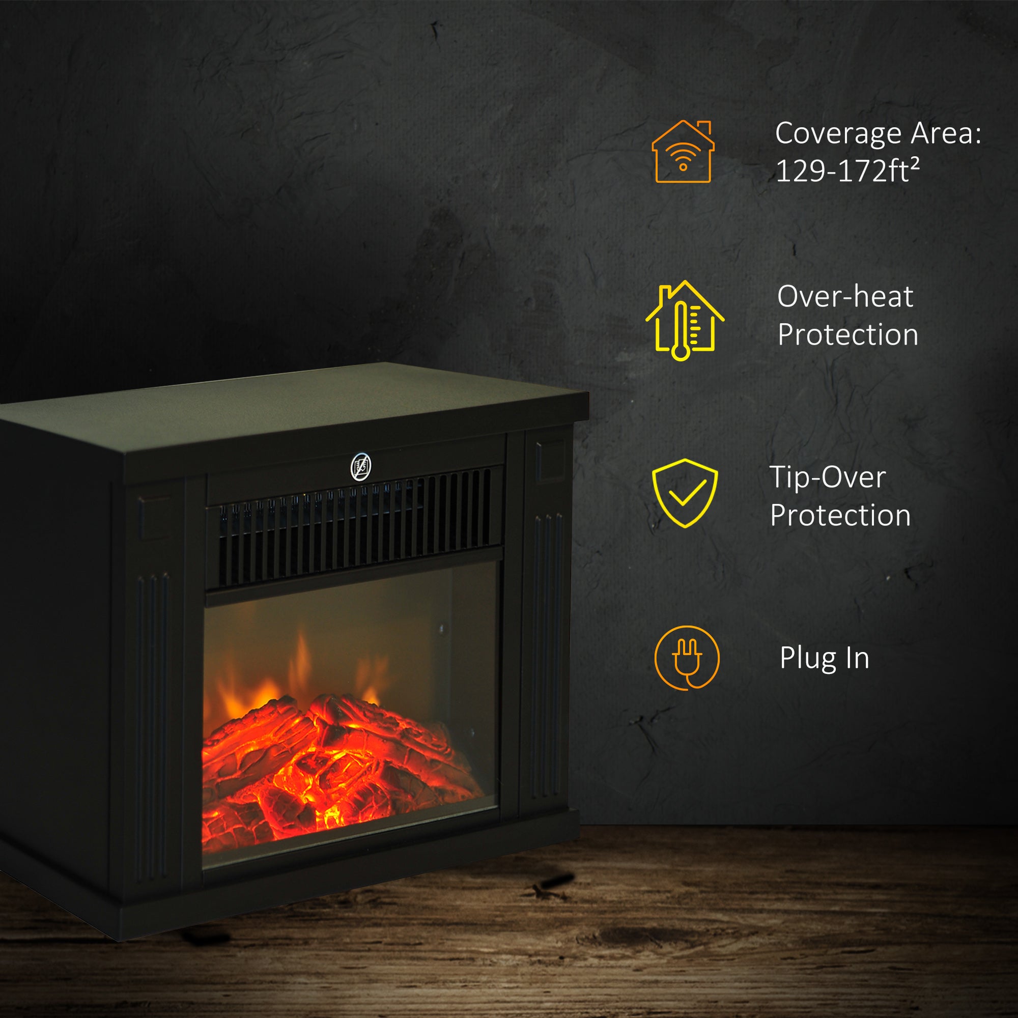 14" 1000W Mini Standing Electric Fireplace Portable Heater with Overheating, Black