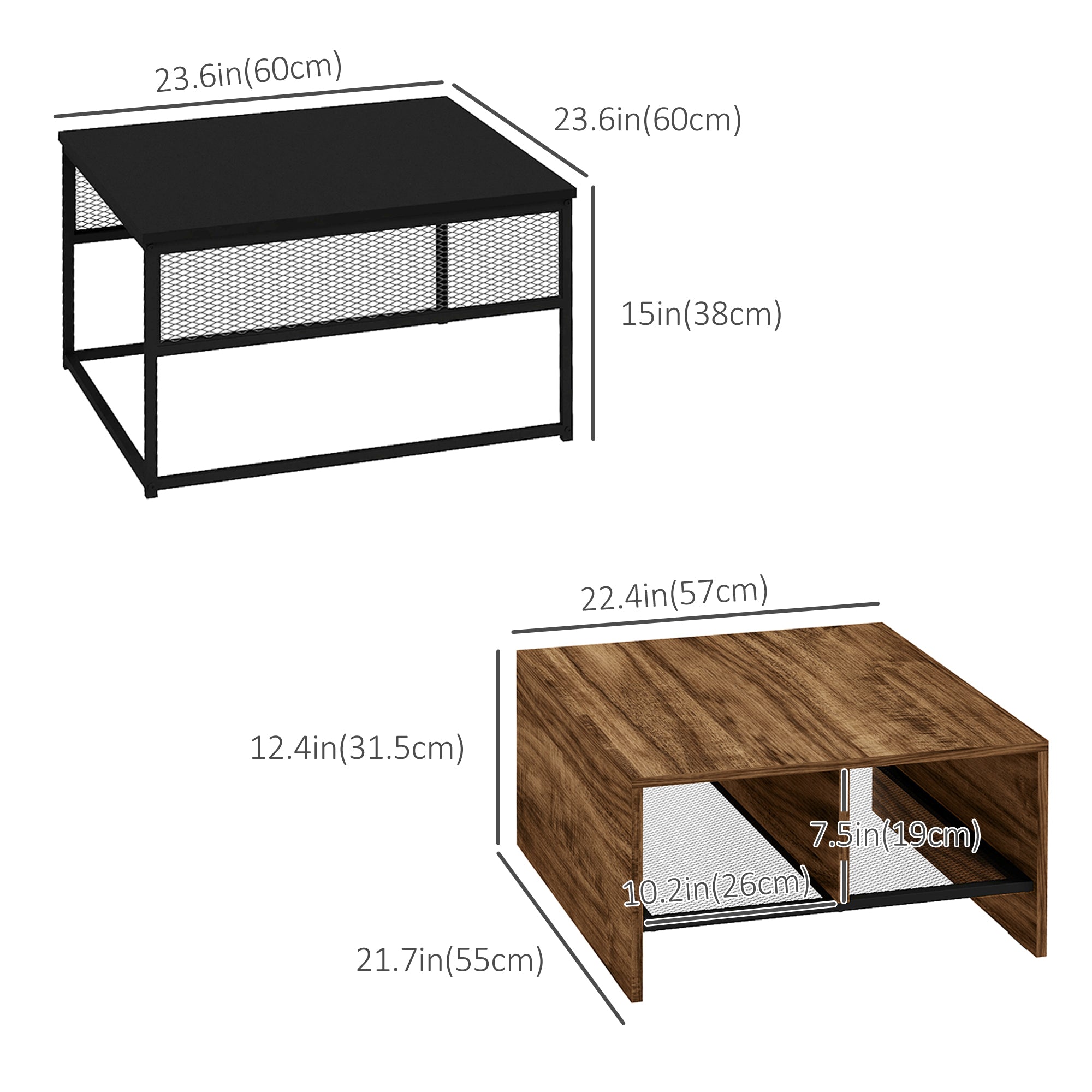 HOMCOM Nesting Tables Set of 2, Industrial Coffee Table Set, Square Coffee Table and 2-tier Narrow Side Table with Storage Mesh Shelves, Steel Frame for Living Room, Rustic Brown