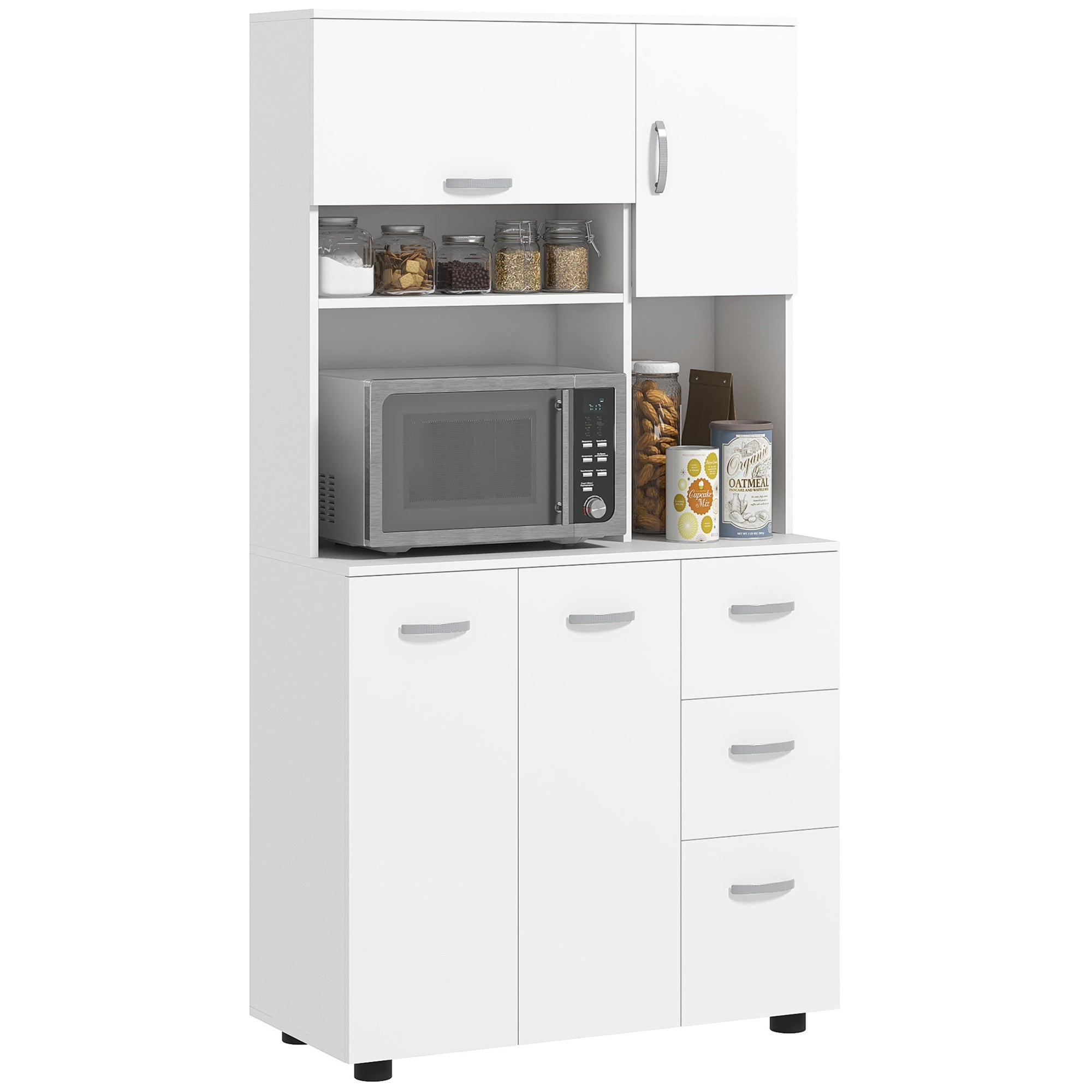 66" Buffet with Hutch Kitchen Pantry Cabinet with 2 Large Cabinets Flip Up Door 3 Drawers White