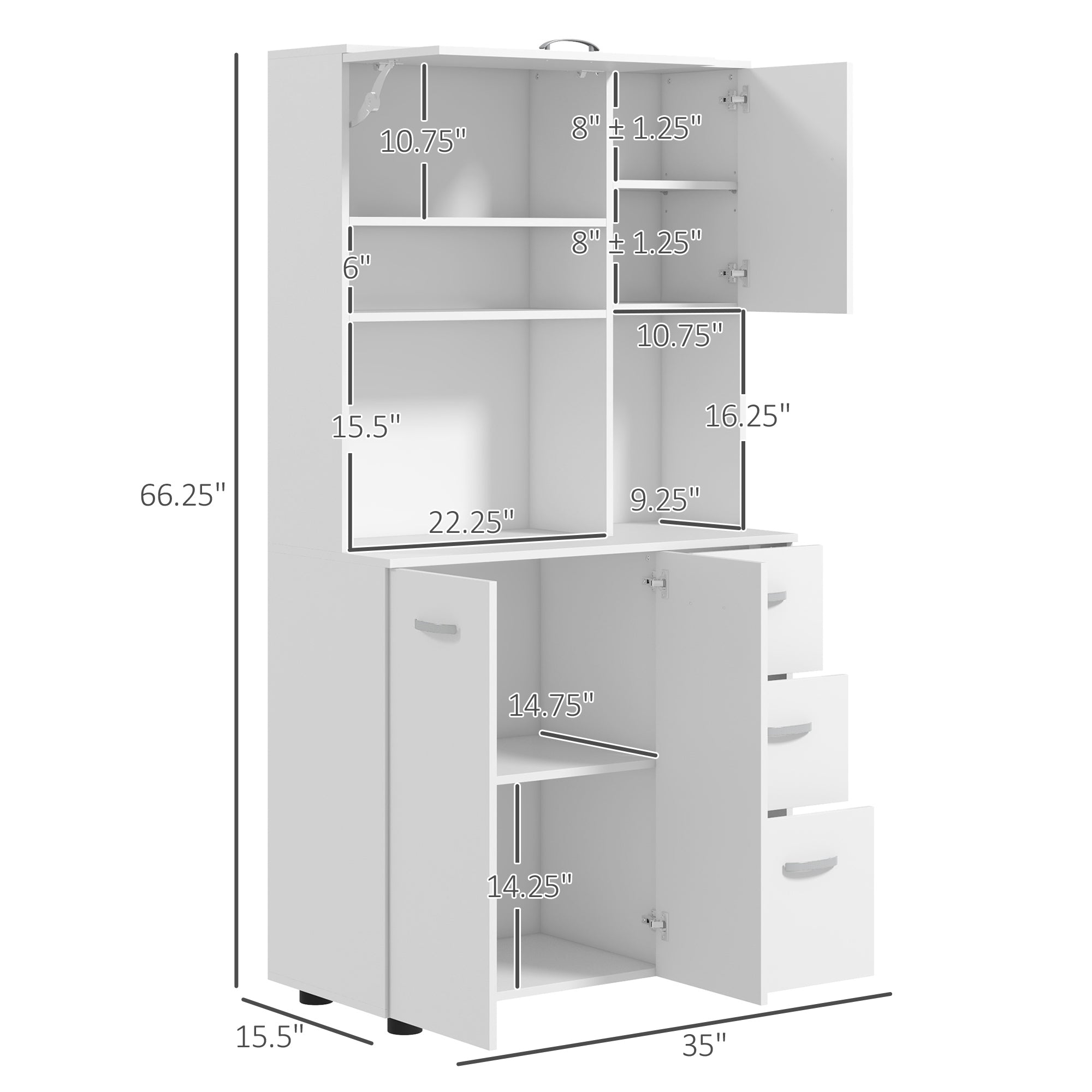 66" Buffet with Hutch Kitchen Pantry Cabinet with 2 Large Cabinets Flip Up Door 3 Drawers White