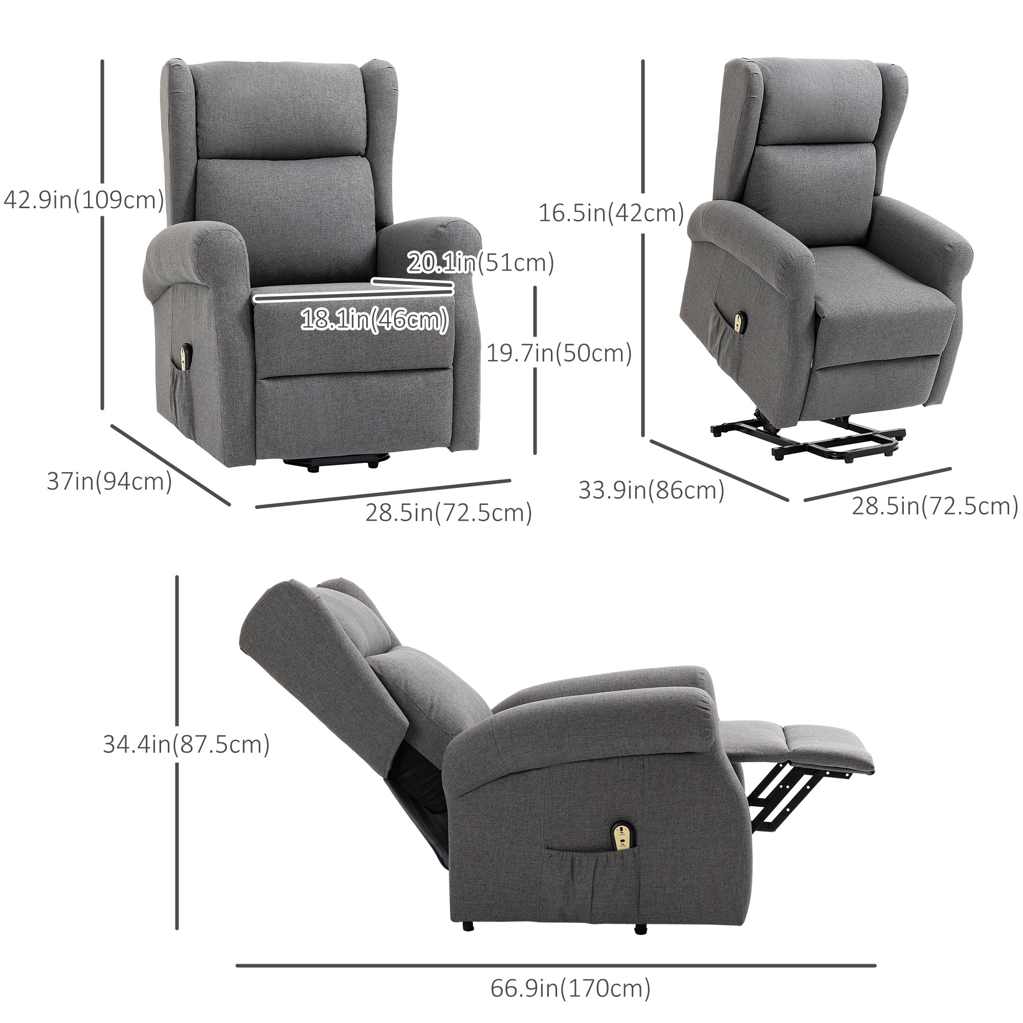 HOMCOM Power Lift Recliner Chair for Elderly, Linen Electric Reclining Chair with Footrest, Remote Control, Side Pockets, Grey