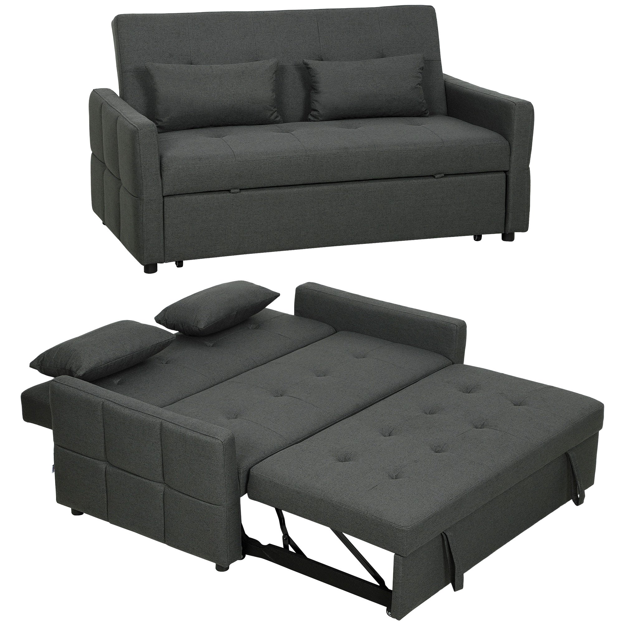 2 Seater Sofa Bed, Click Clack Sleeper Sofa with Pull Out Design, 2 Pillows, High Density Foam, Wide Seat, Linen Convertible Loveseat Bed Settee for Living Room, 137x179cm, Charcoal Grey