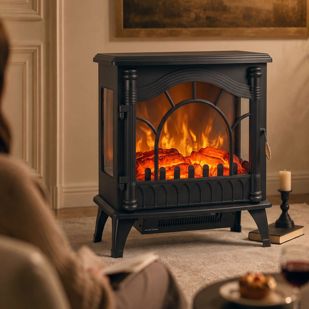 Electric Fireplace 1000W/2000W, Freestanding Decorative Heater with Adjustable Temperature, Low Energy Consumption, Overheat Protection, 3D Flame Effect for Living Room, 161-323 sq ft, Black