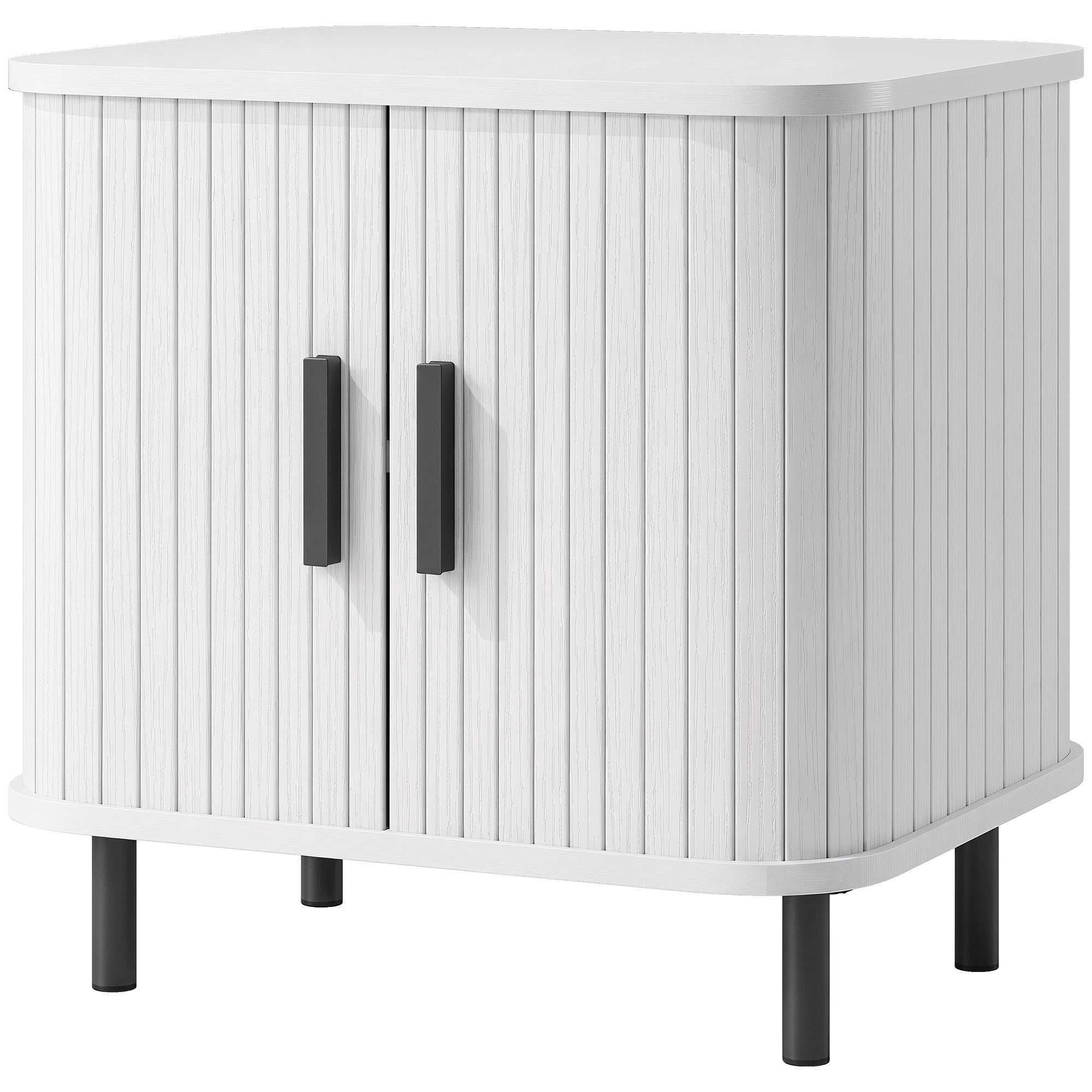 Bedside Table, Nordic Side Table with Roller Shutter Style Sliding Doors and Metal Legs for Bedroom, Living Room, White Wood Effect