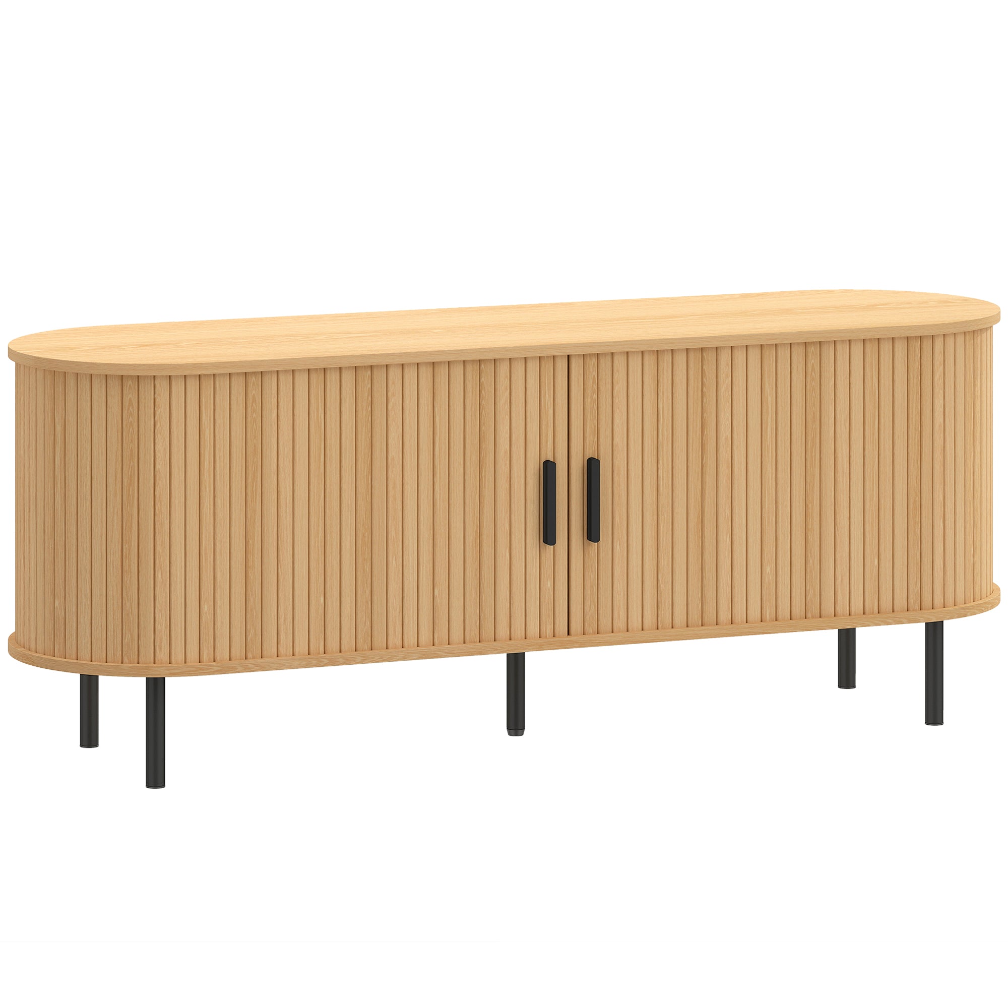 TV Stand for TVs up to 60", Modern Entertainment Center with Curved Sliding Doors, Media Console with 6 Storage Compartments, Natural Wood