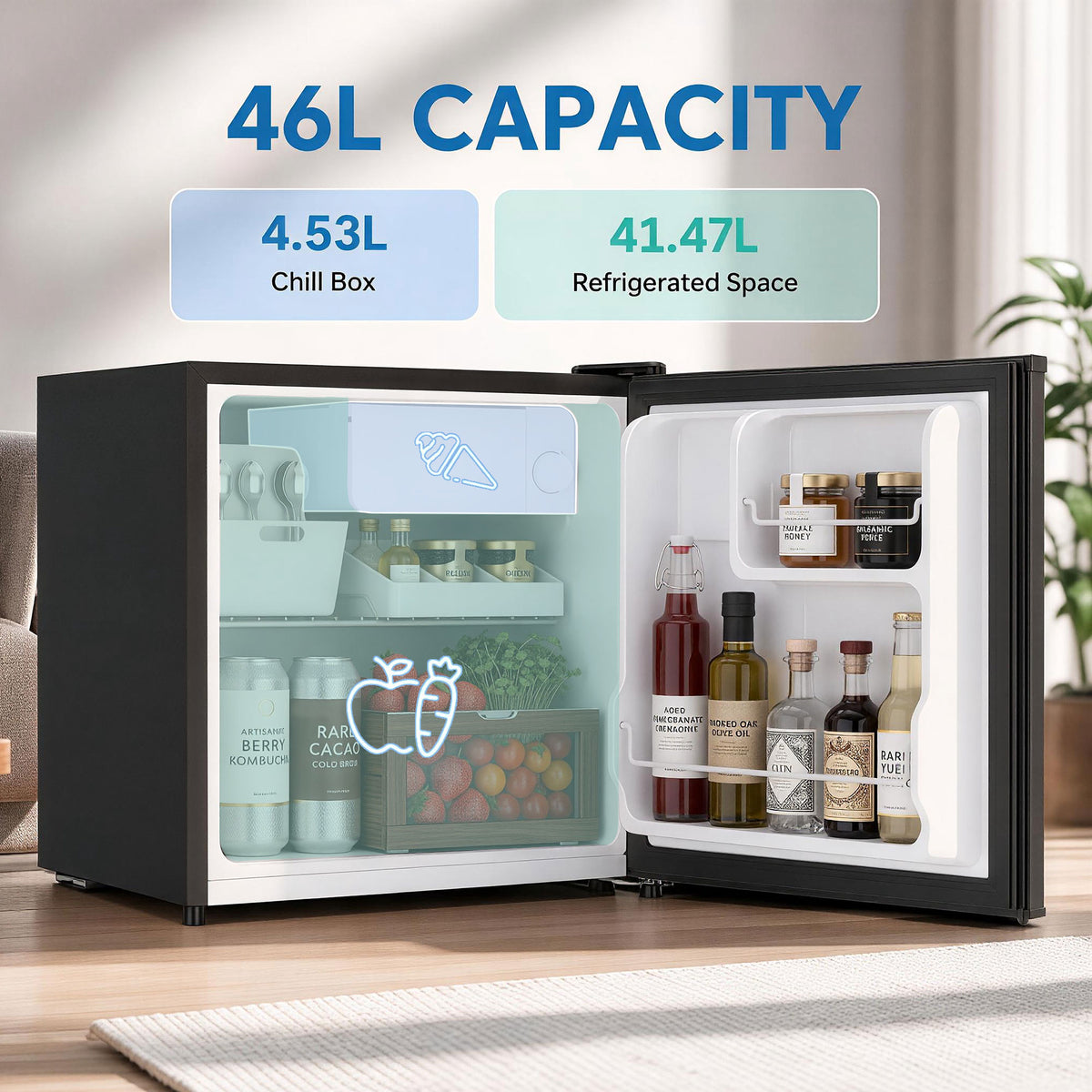 Compact Refrigerator, 1.62 Cu Ft Single Door Mini Fridge with Freezer, Adjustable Thermostat, Reversible Door, Energy Saving Fridge for Bedroom, Dorm, Office, Black