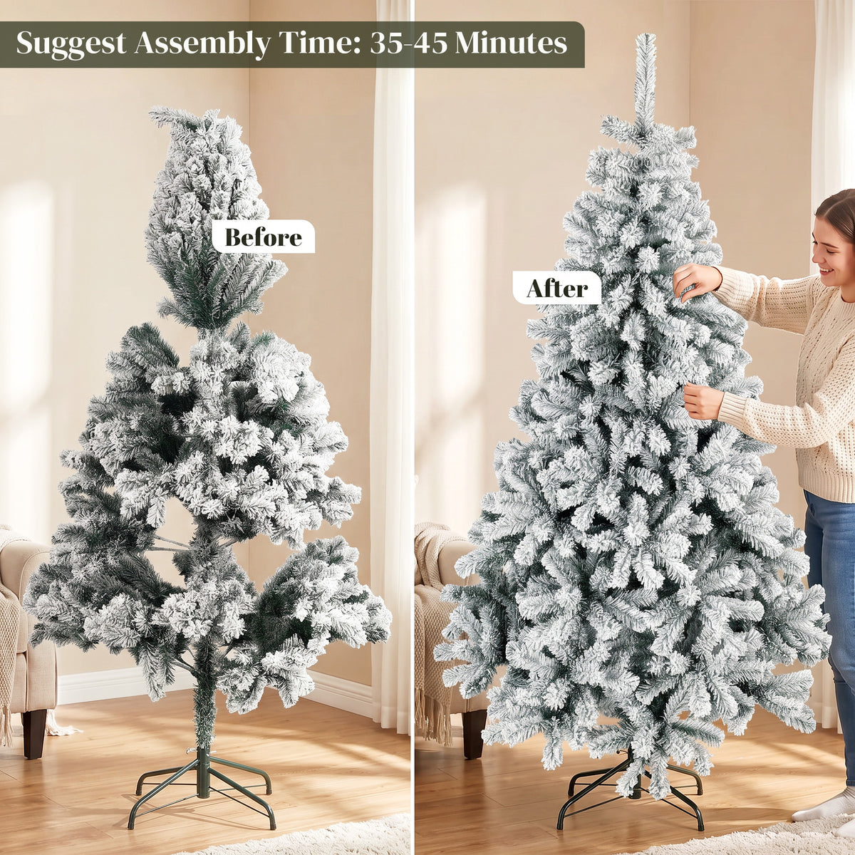 6ft Snow Flocked Christmas Tree with 650 Branch Tips, Easy-Assembly Hinged Design, Artificial Full Fir Xmas Tree with Steel Stand for Home Office Holiday, Green and White