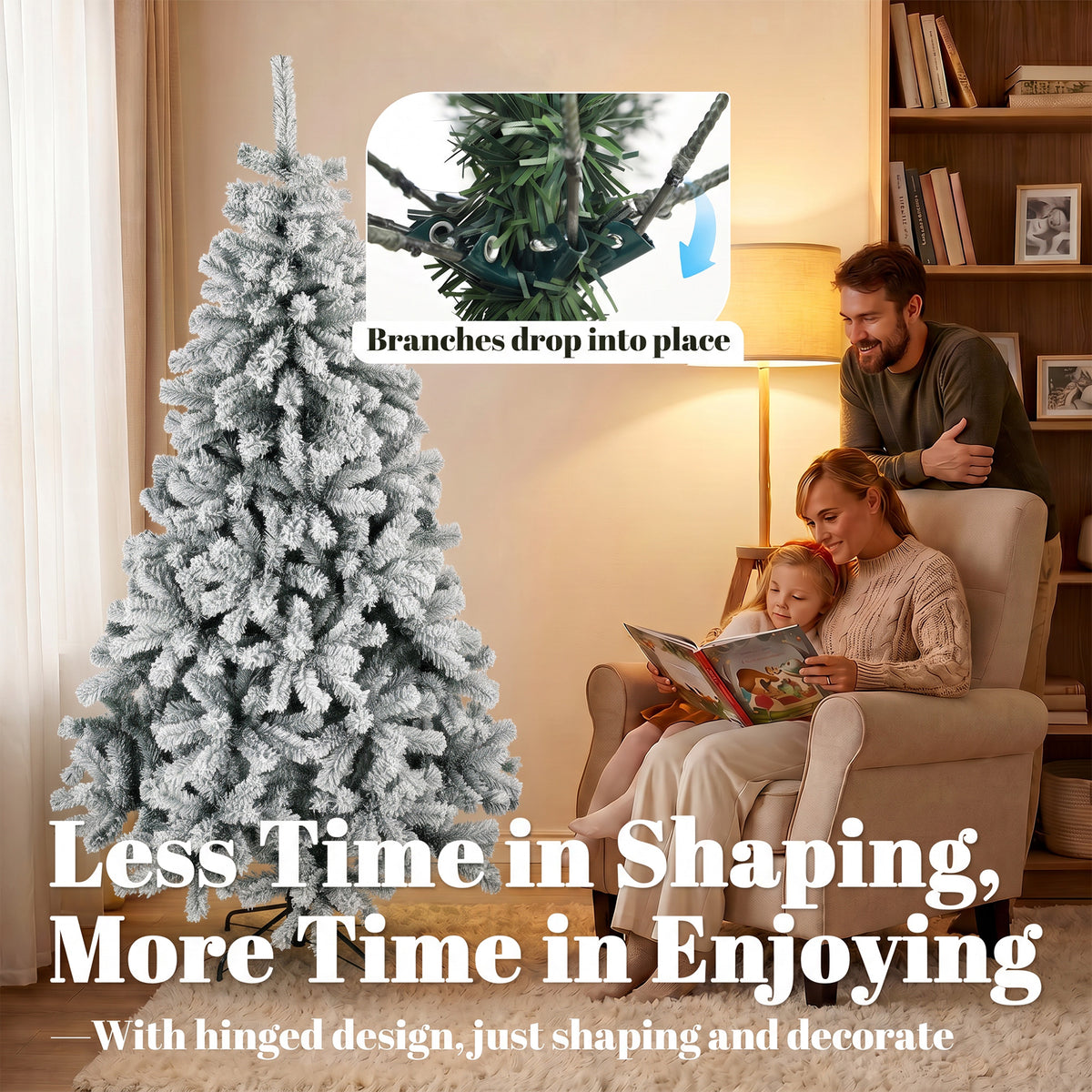 6ft Snow Flocked Christmas Tree with 650 Branch Tips, Easy-Assembly Hinged Design, Artificial Full Fir Xmas Tree with Steel Stand for Home Office Holiday, Green and White