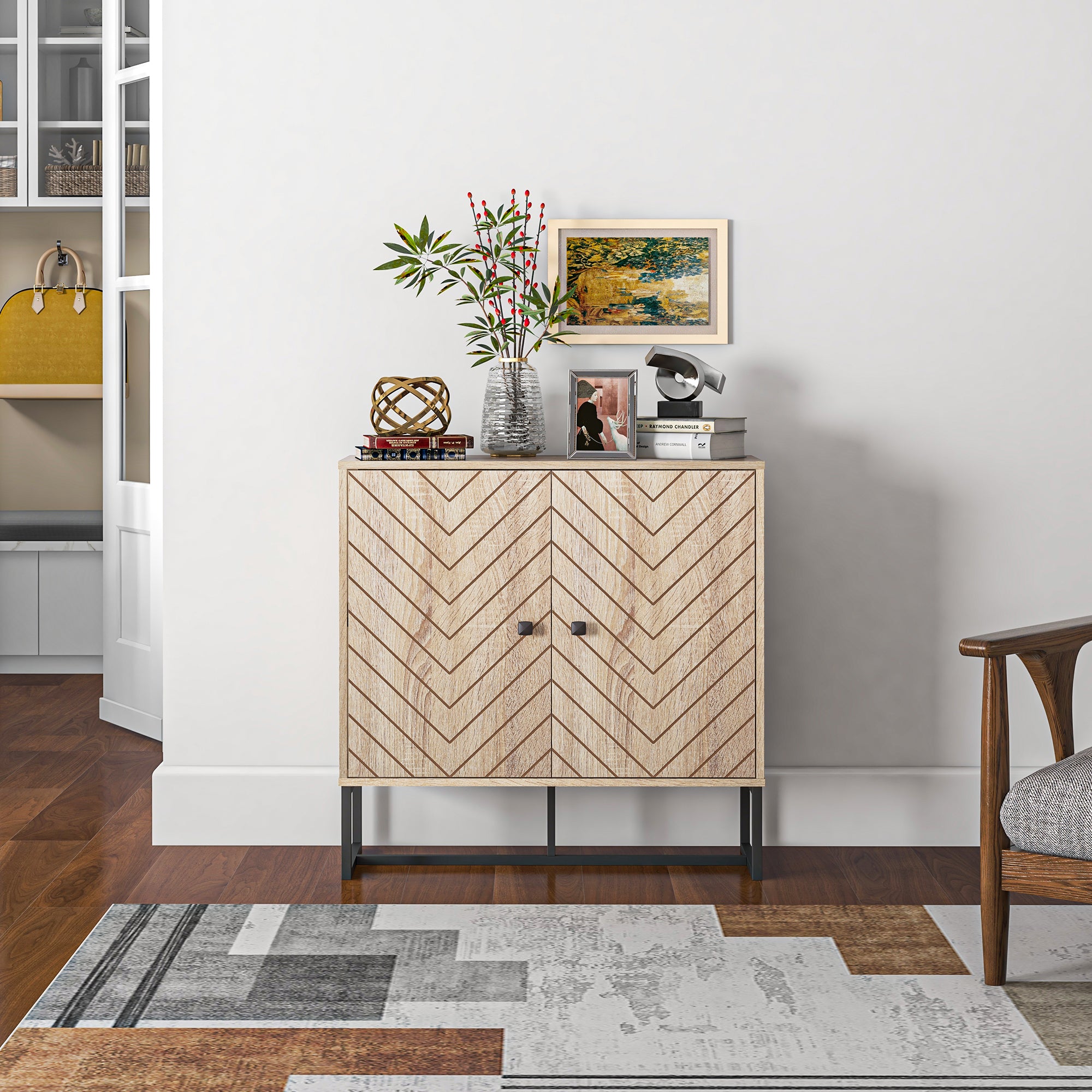 Modern Sideboard, 31.5" Buffet Cabinet with Adjustable Shelf, Coffee Bar Cabinet with Steel Base and 2 Chevron Doors, Natural Wood