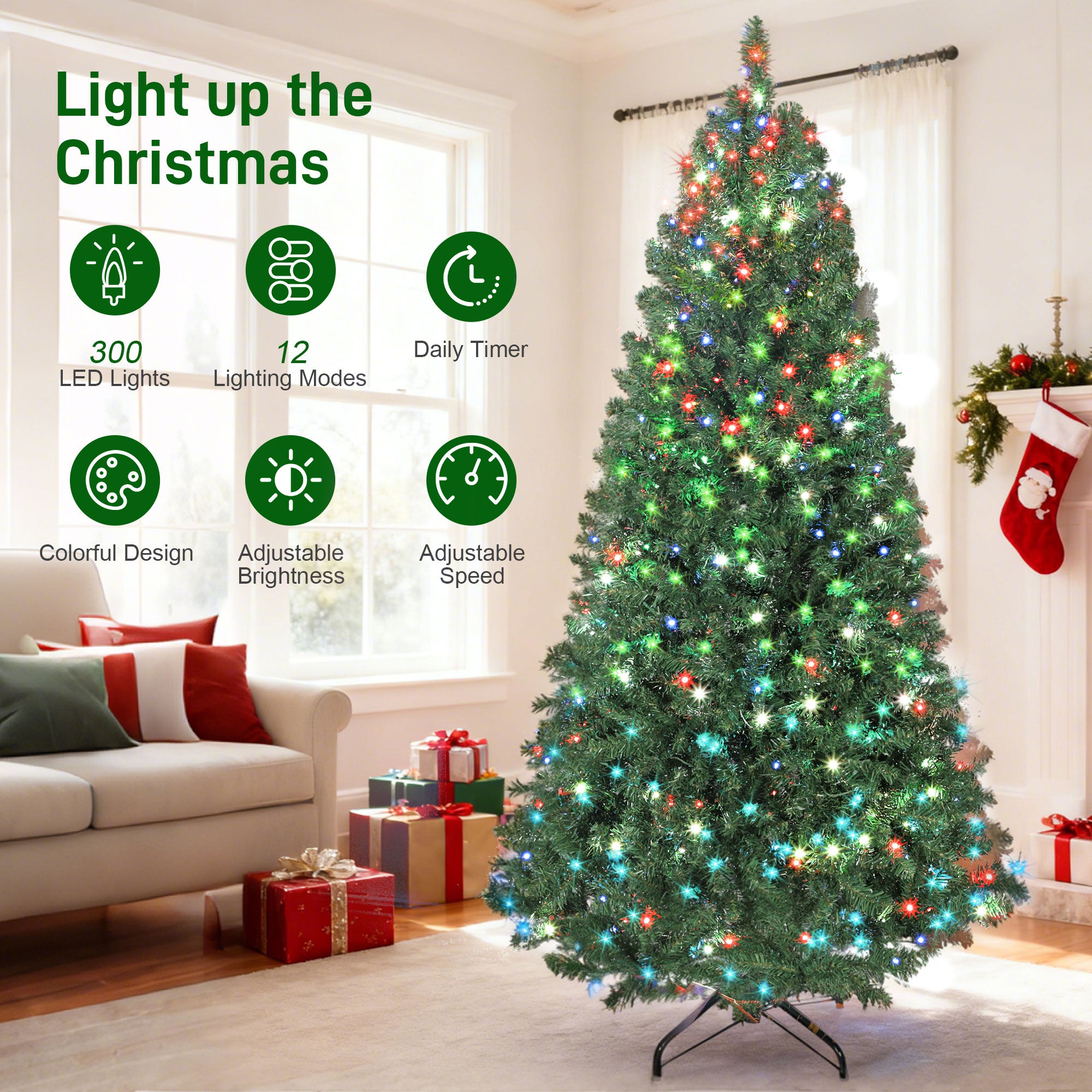 6ft Prelit Christmas Tree with Dimmable RGB LEDs, Remote Control, Daily Timer, Artificial Fir Holiday Decoration, Hinged Xmas Tree with 6 Dynamic Modes, Metal Stand, Easy Assembly, Green