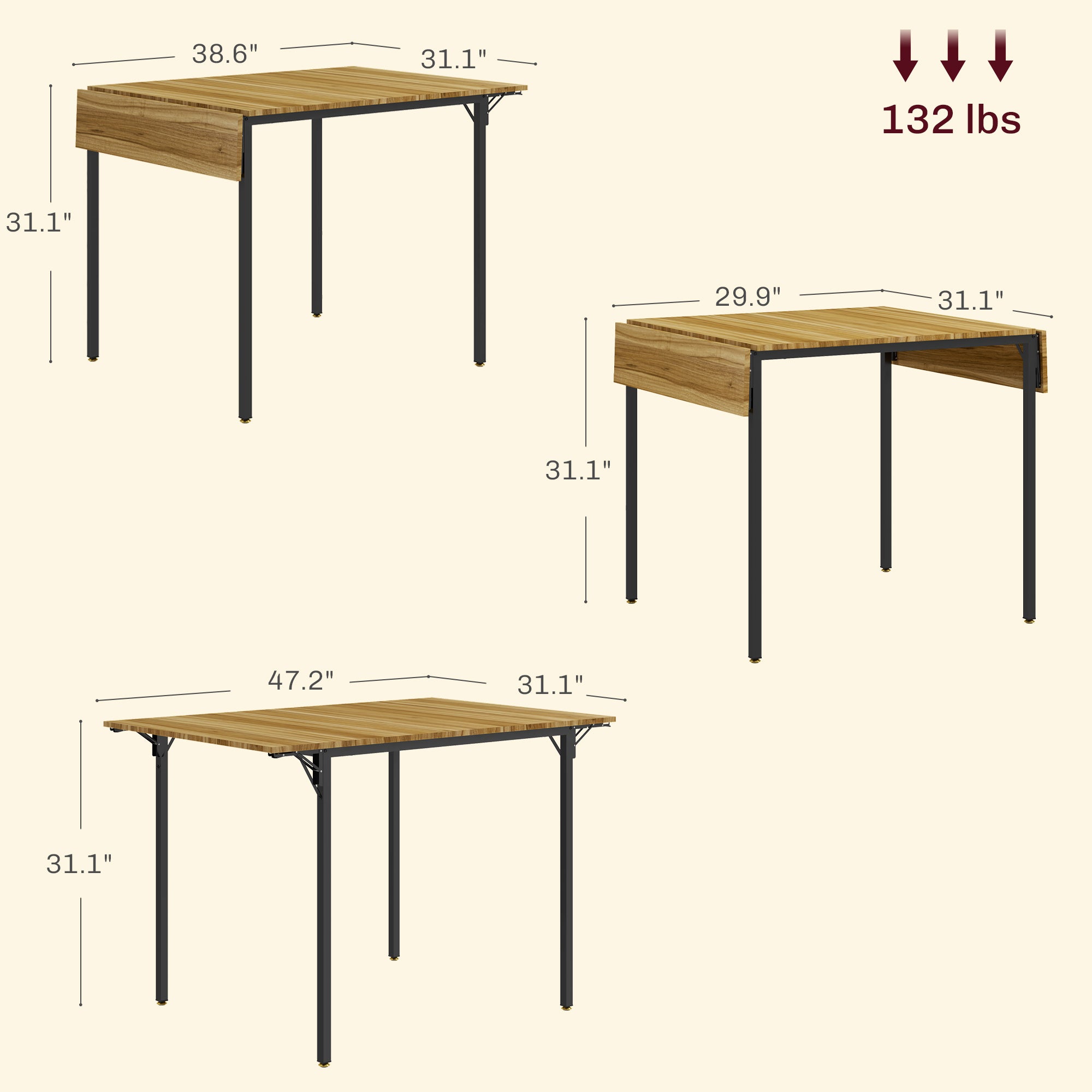 Folding Dining Table for 2 to 4 People, Industrial Drop Leaf Table, Kitchen Table for Small Spaces, Walnut