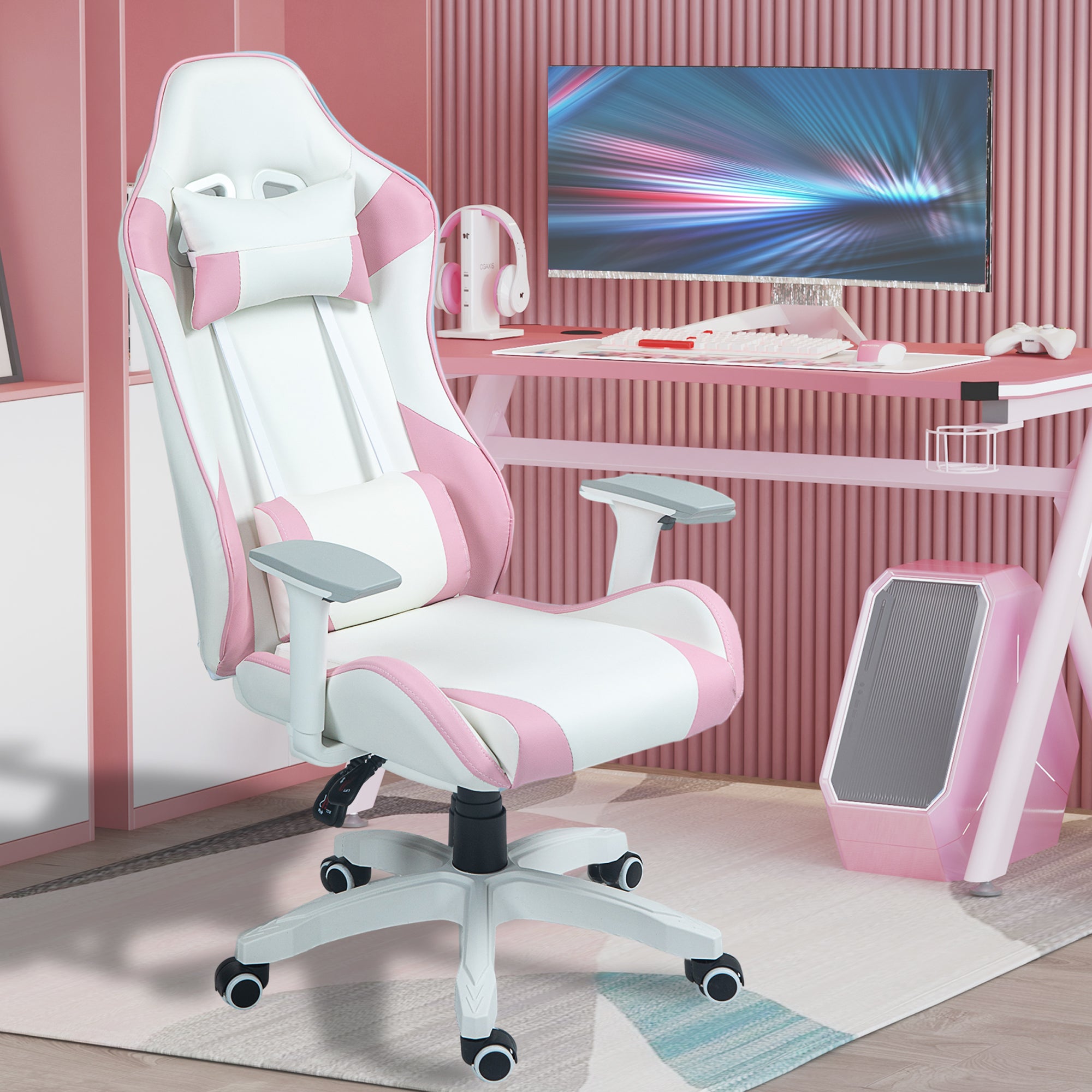 HOMCOM Gaming Chair, Racing Gamer Chair, Reclining Faux Leather Computer Chair with Headrest, Lumber Support, 3D Armrests, Adjustable Height, Swivel Wheels for Home Office, Light Blue