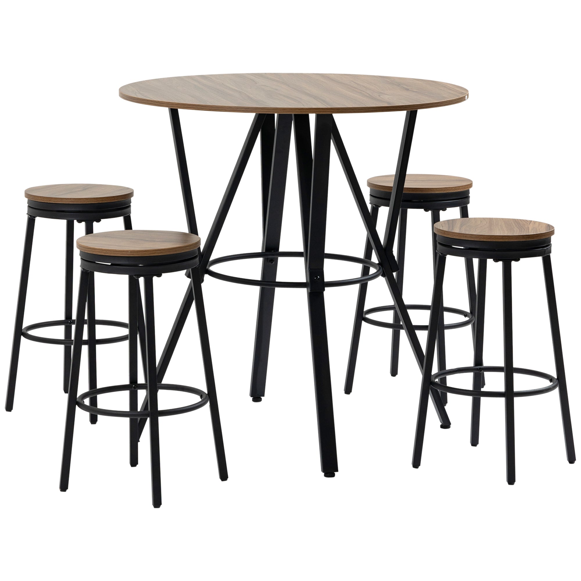 Industrial Bar Table and Chairs Set of 5 Round Dining Table & 4 Swivel Stools for Pub Light Brown