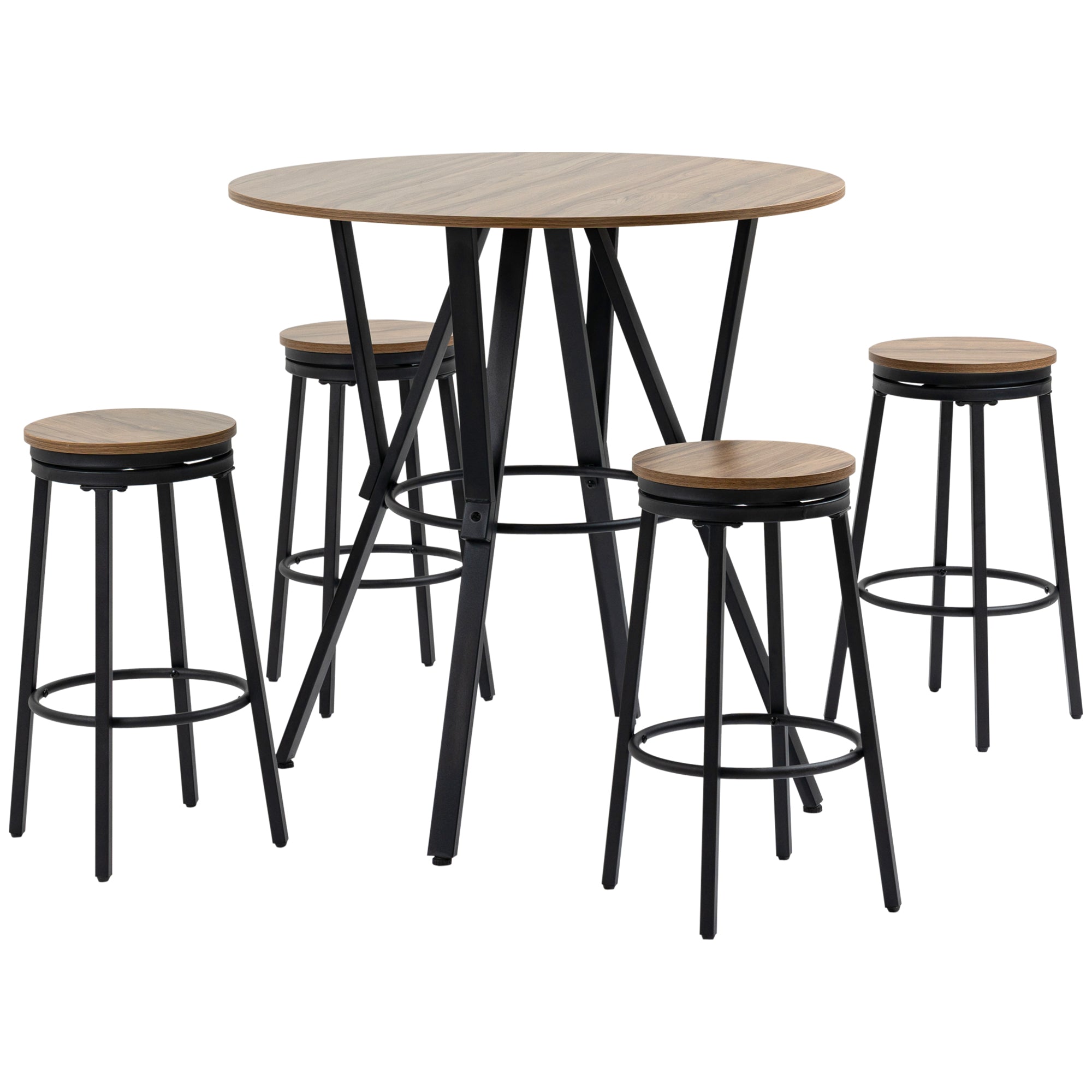 Industrial Bar Table and Chairs Set of 5 Round Dining Table & 4 Swivel Stools for Pub Light Brown