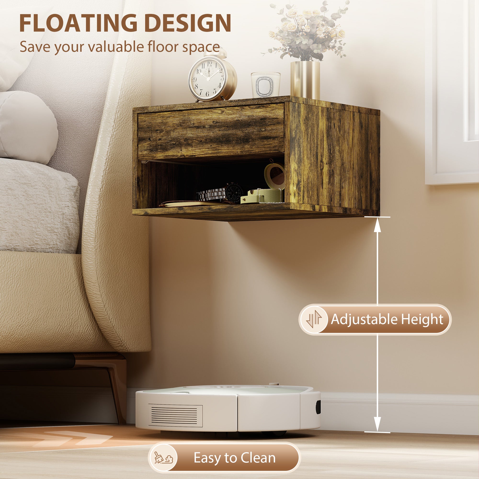 Floating Bedside Tables Set of 2, Wall Mounted Nightstand with Drawer and Open Shelf for Bedroom, Rustic Brown