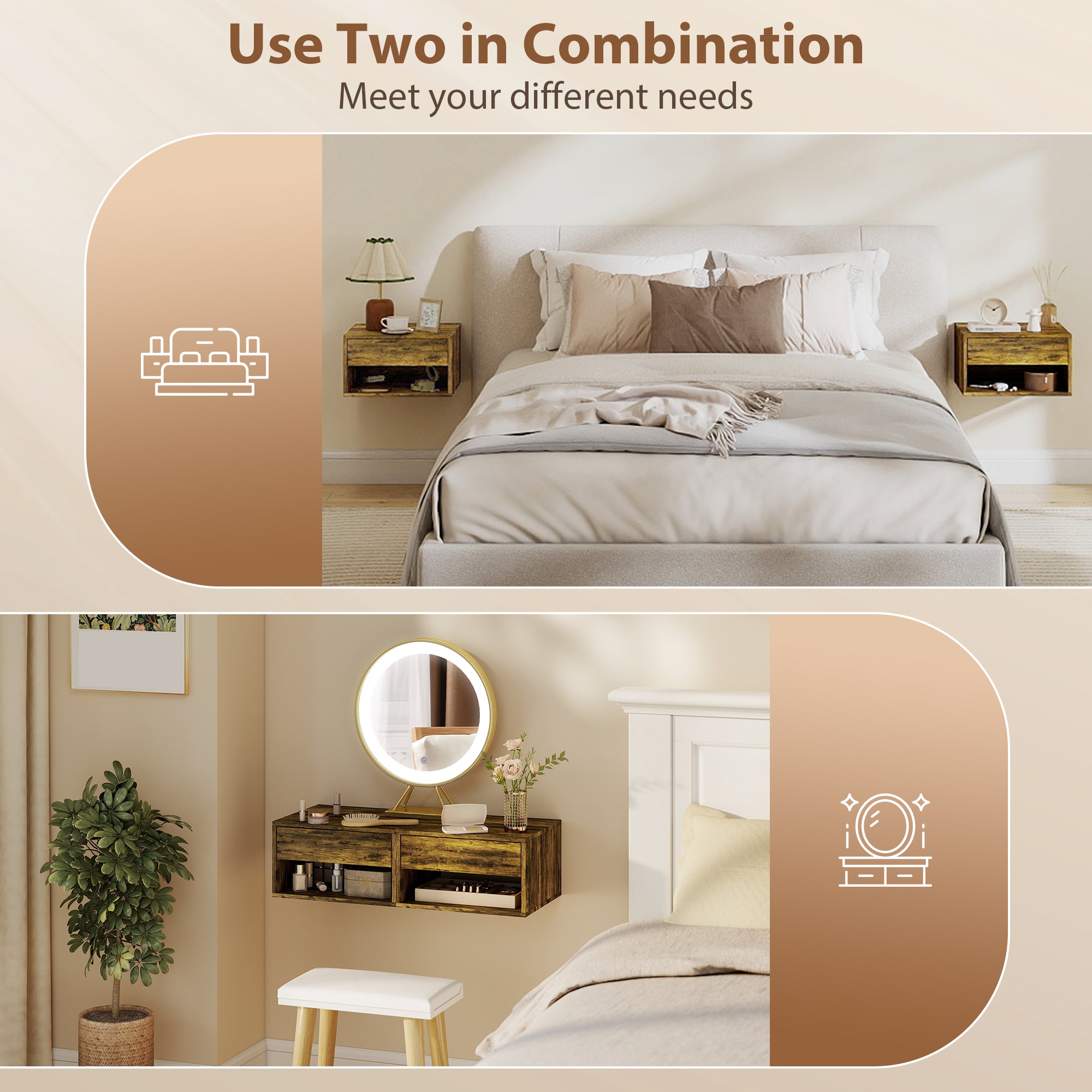Floating Bedside Tables Set of 2, Wall Mounted Nightstand with Drawer and Open Shelf for Bedroom, Rustic Brown
