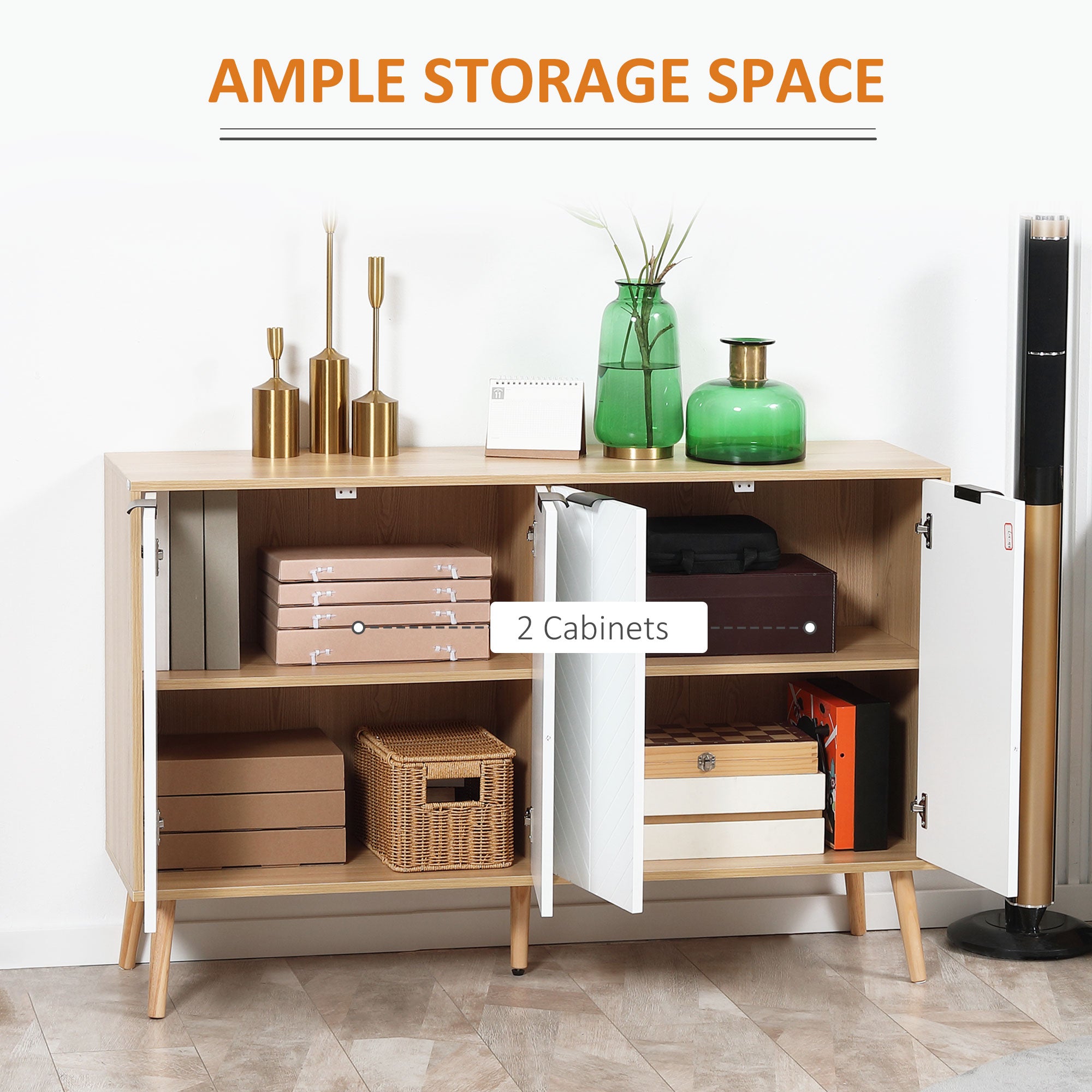 HOMCOM Kitchen Sideboard, Modern Storage Cabinet, Accent Cupboard with Adjustable Shelves, Natural