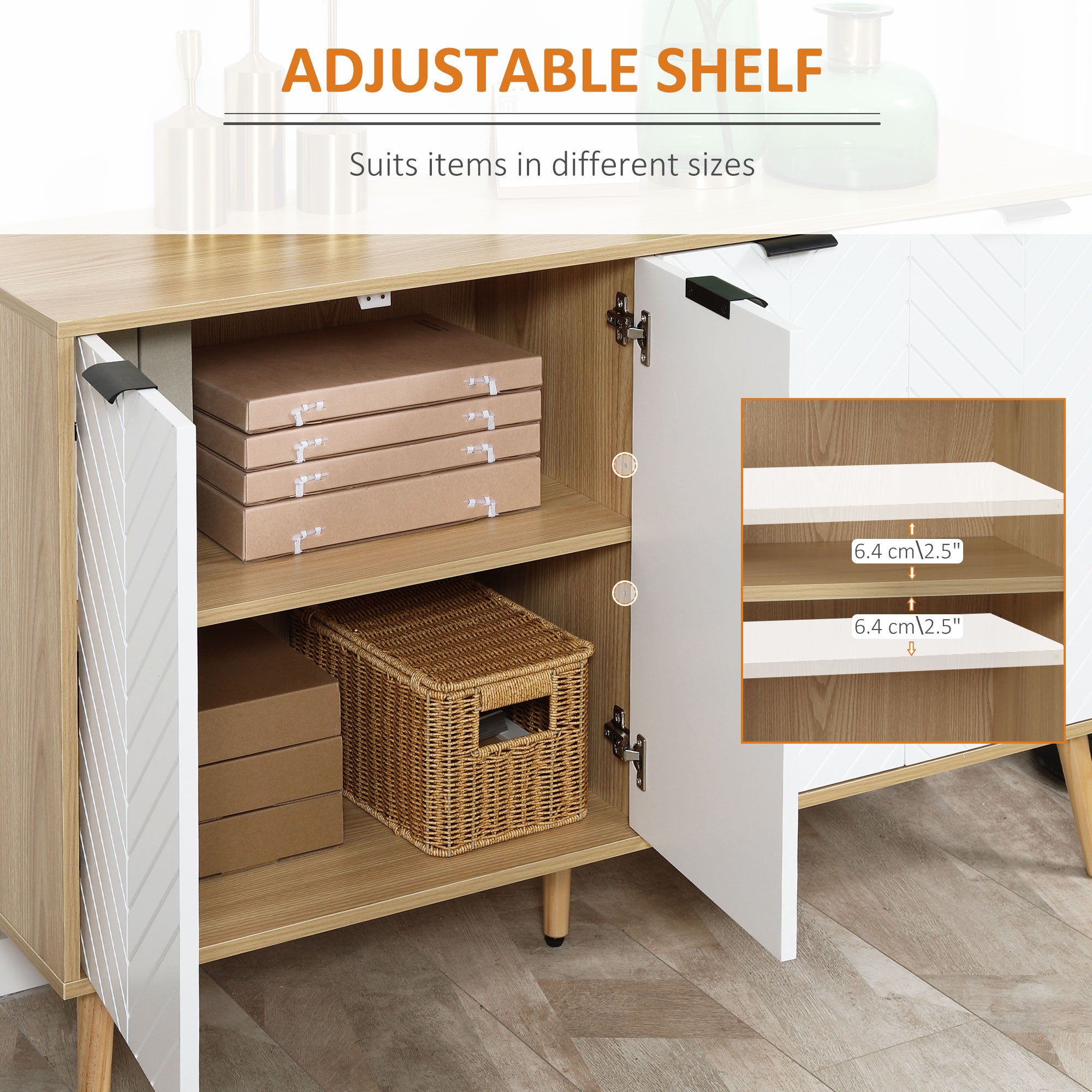 HOMCOM Kitchen Sideboard, Modern Storage Cabinet, Accent Cupboard with Adjustable Shelves, Natural