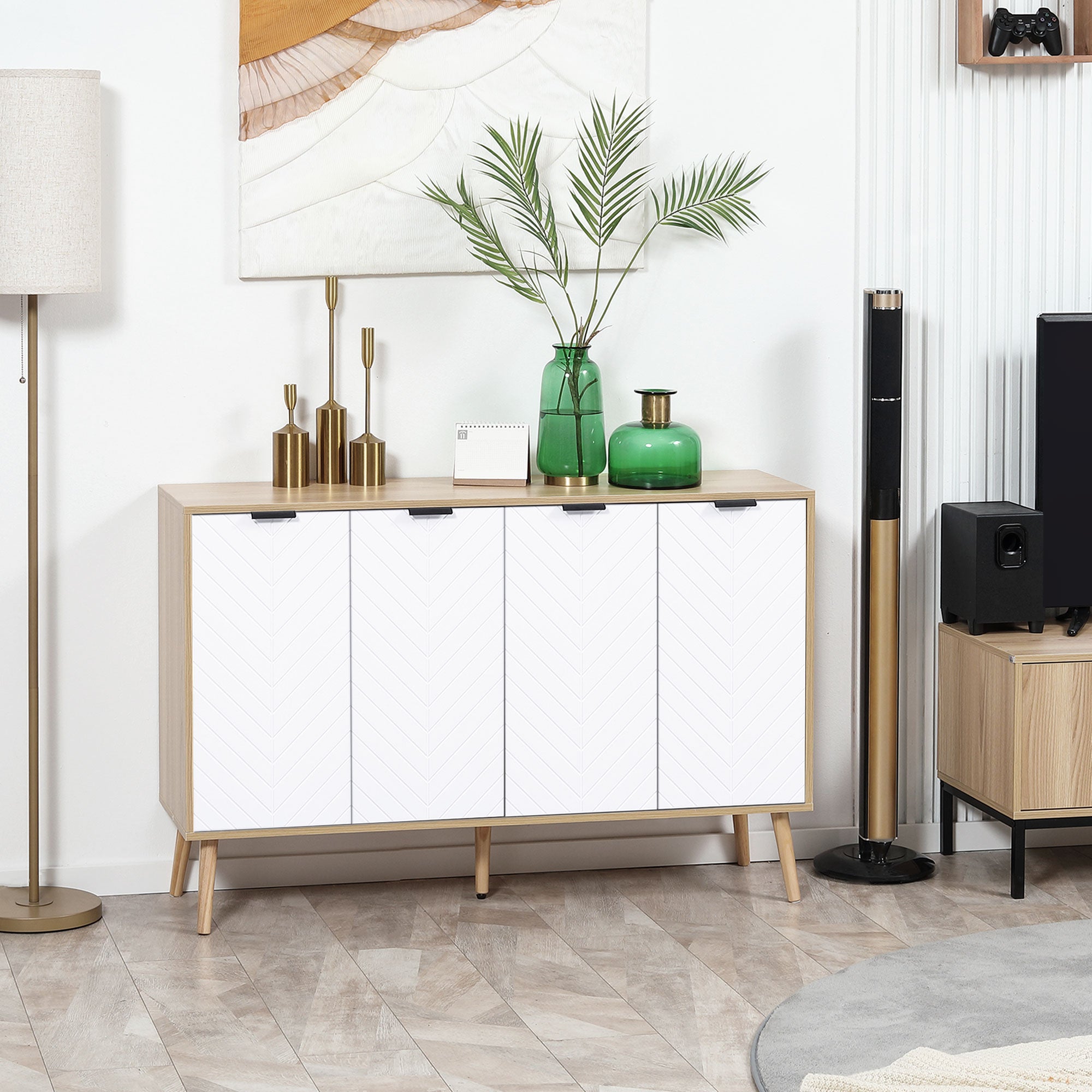 HOMCOM Kitchen Sideboard, Modern Storage Cabinet, Accent Cupboard with Adjustable Shelves, Natural