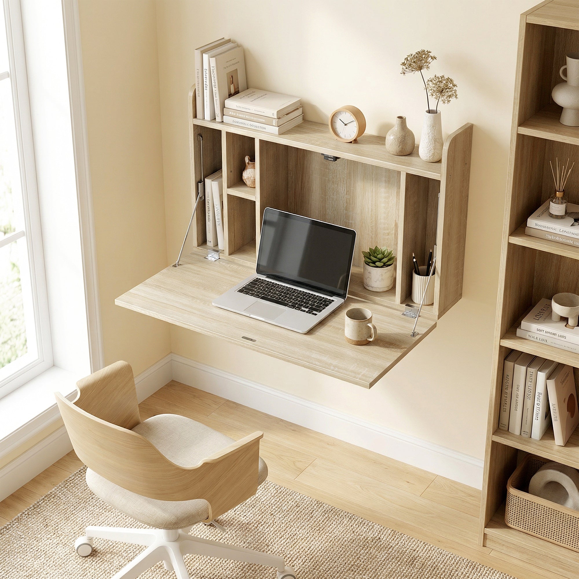 Wall Mounted Desk, Drop Leaf Floating Laptop Desk with Space Saving Storage Compartments for Home Office and Study, 77cm x 20cm x 51cm, Oak