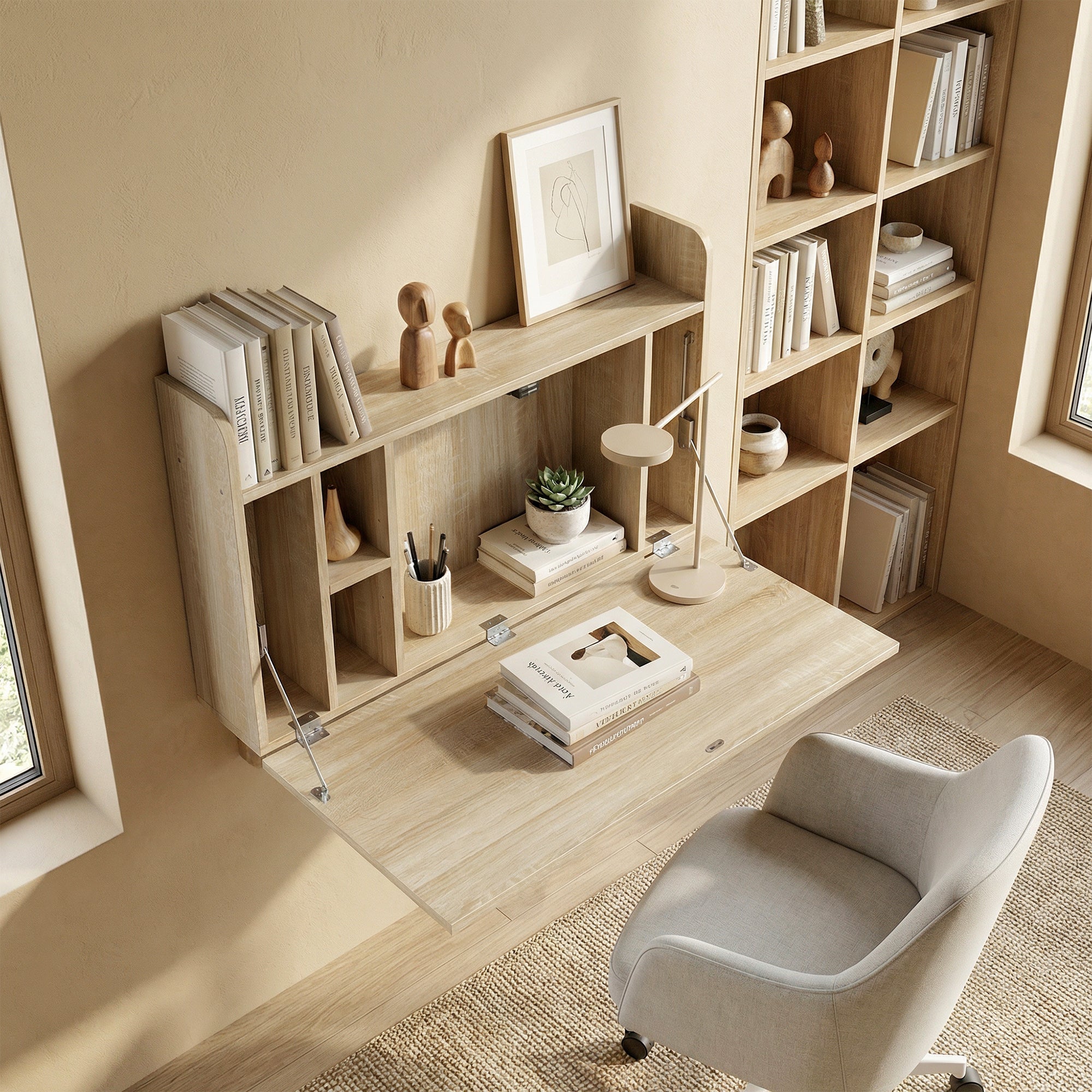 Wall Mounted Desk, Drop Leaf Floating Laptop Desk with Space Saving Storage Compartments for Home Office and Study, 77cm x 20cm x 51cm, Oak