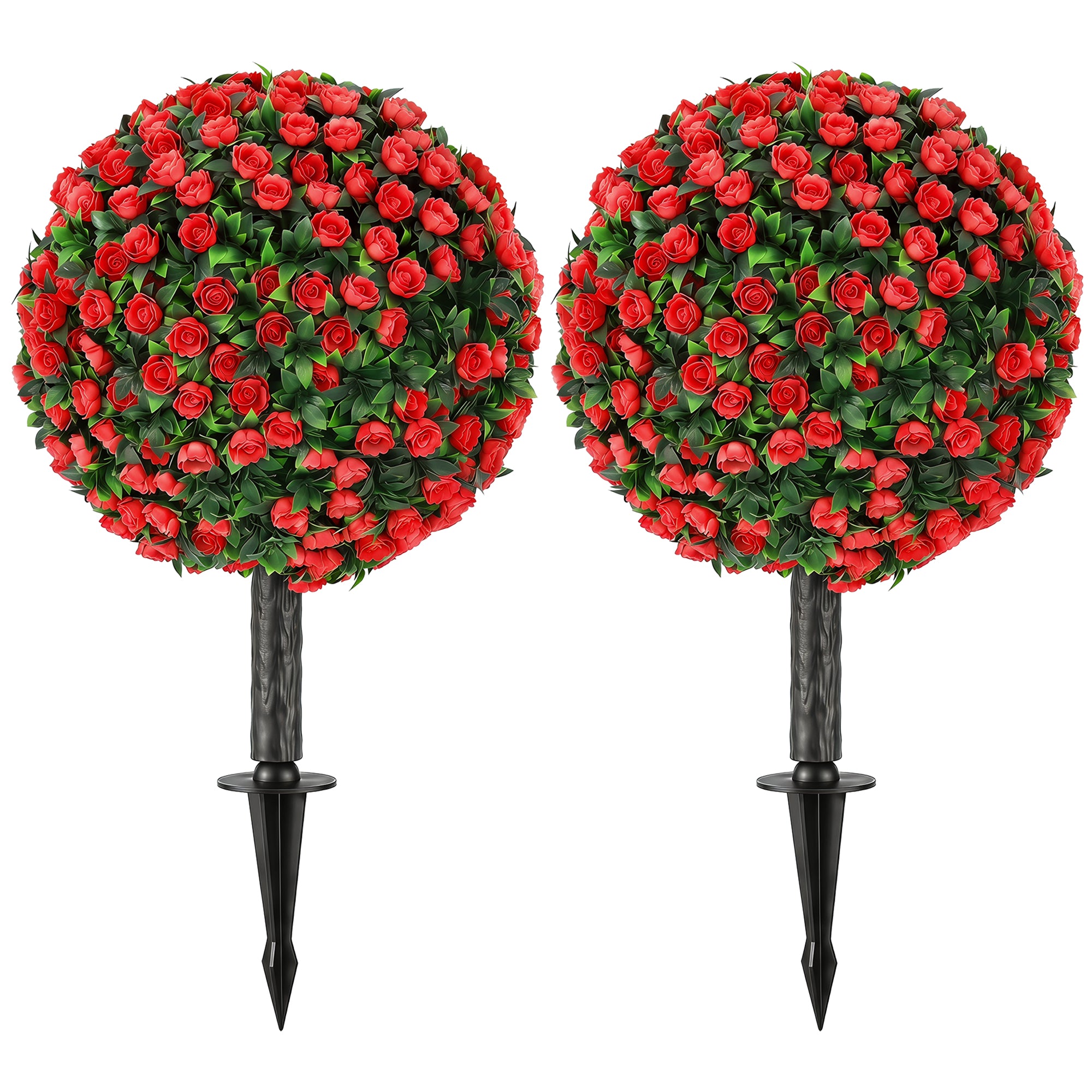 Set of 2 55 cm Artificial Rose Topiary with Ground Stake, UV-Resistant Fake Plants with 306 Roses and Leaves for Indoor Outdoor Home Office Garden Decor, Red