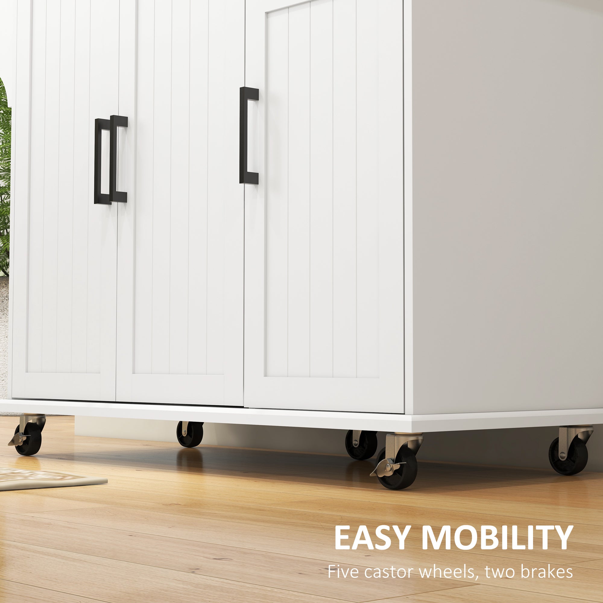 Kitchen Island with Storage, Rolling Kitchen Island on Wheels with Drawer, 3 Cabinets, Stainless Steel Countertop, Spice Rack and Towel Rack, White